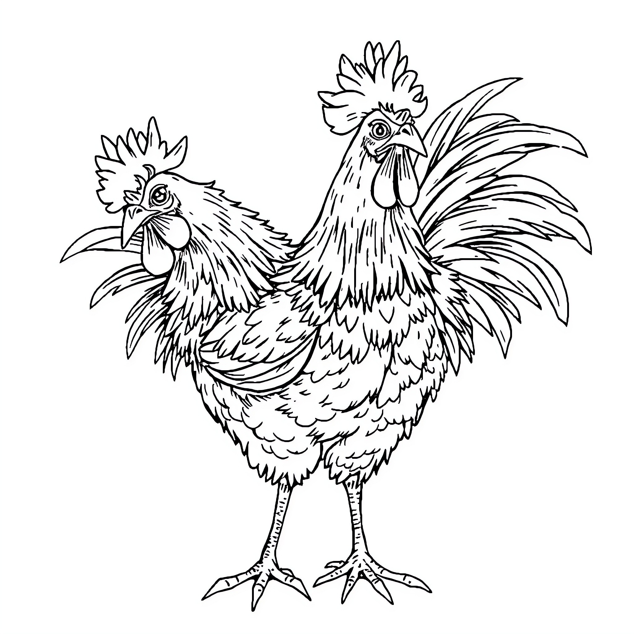 Chicken in lively pose with feathers Coloring Page (free black-and-white line drawing printable PDF for all, from beginners to advanced learners, including children, teens, adults, and seniors)