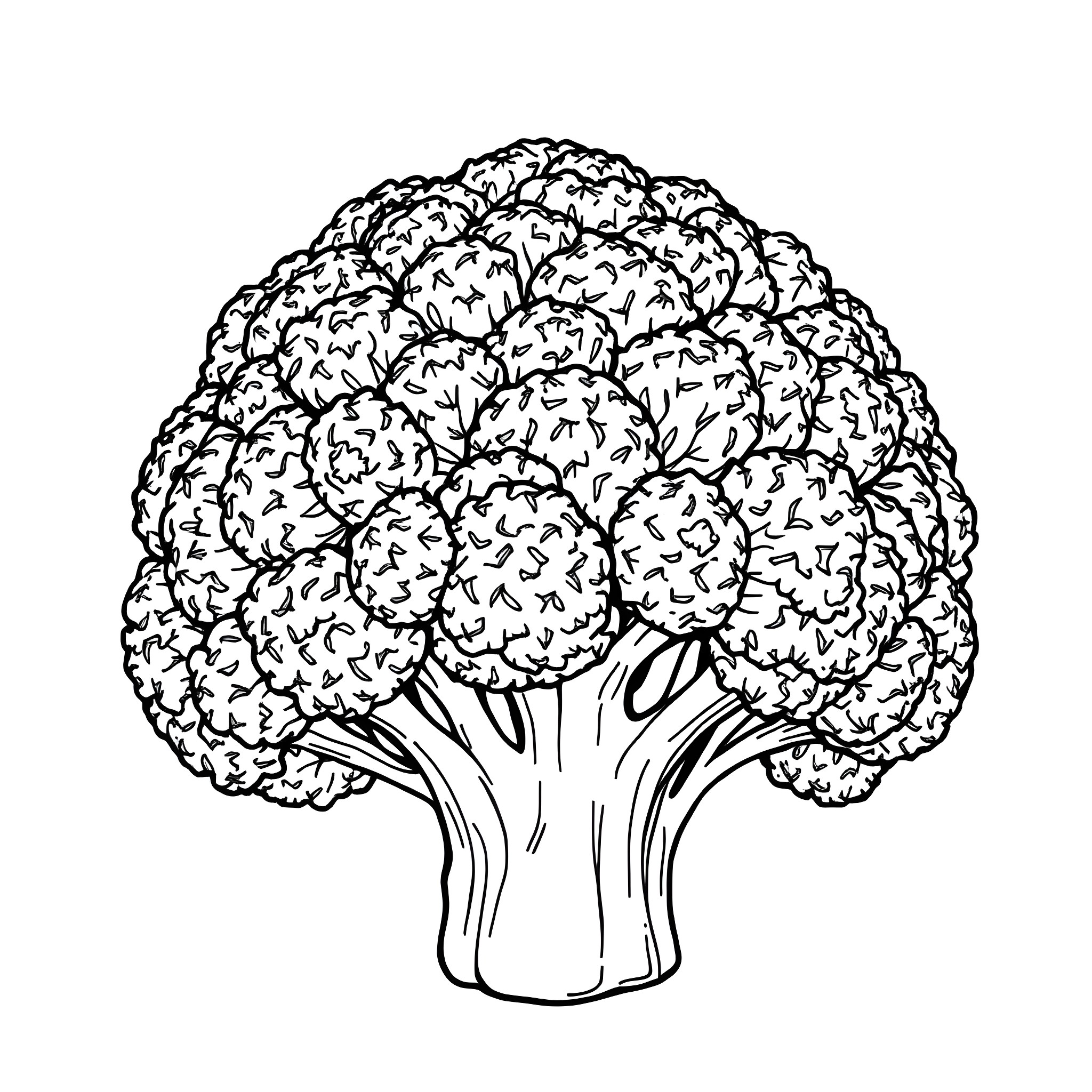 Broccoli in detailed botanical illustration Coloring Page (free black-and-white line drawing printable PDF for all, from beginners to advanced learners, including children, teens, adults, and seniors)
