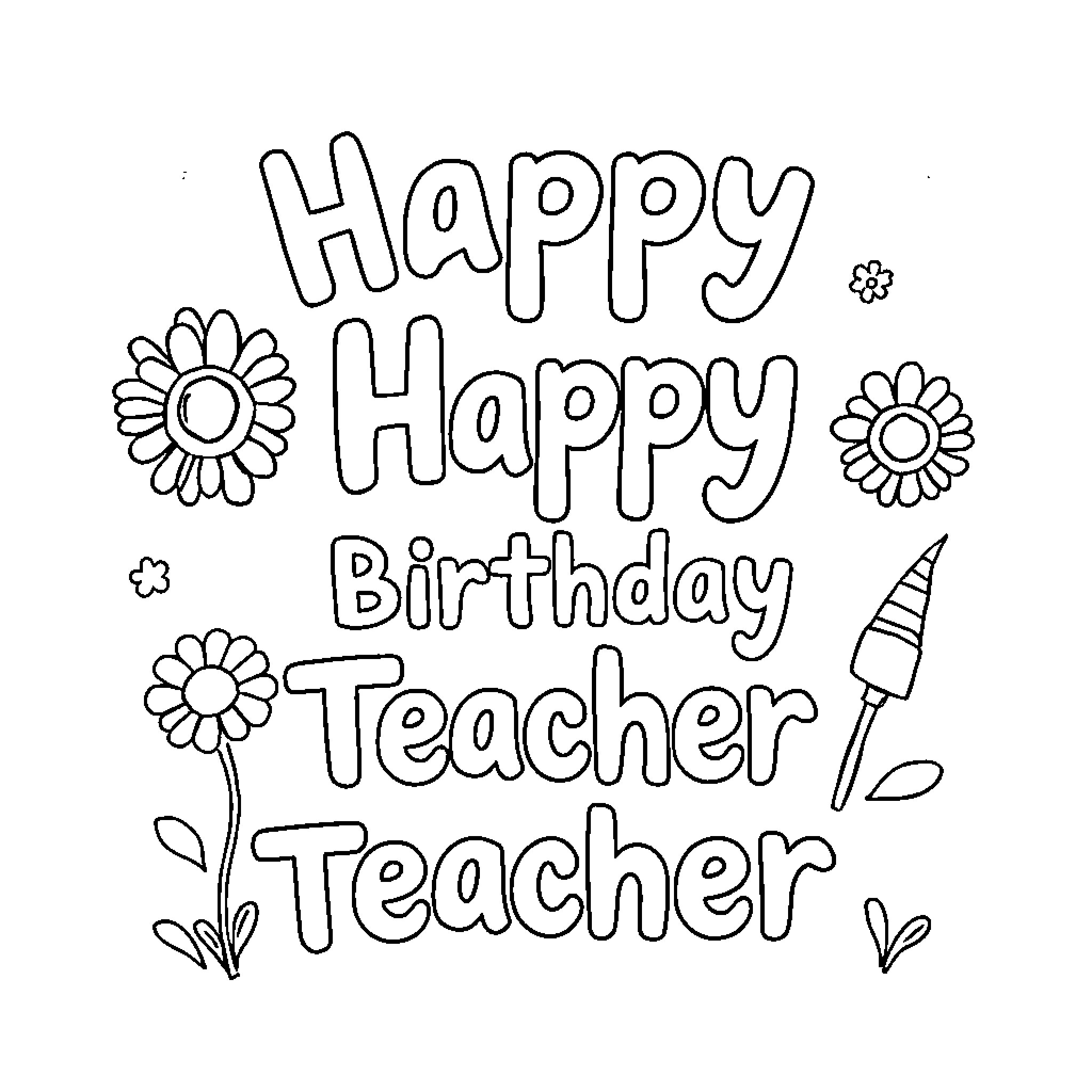Birthday Card for a Happy Teacher Coloring Page (free black-and-white line drawing printable PDF for all, from beginners to advanced learners, including children, teens, adults, and seniors)
