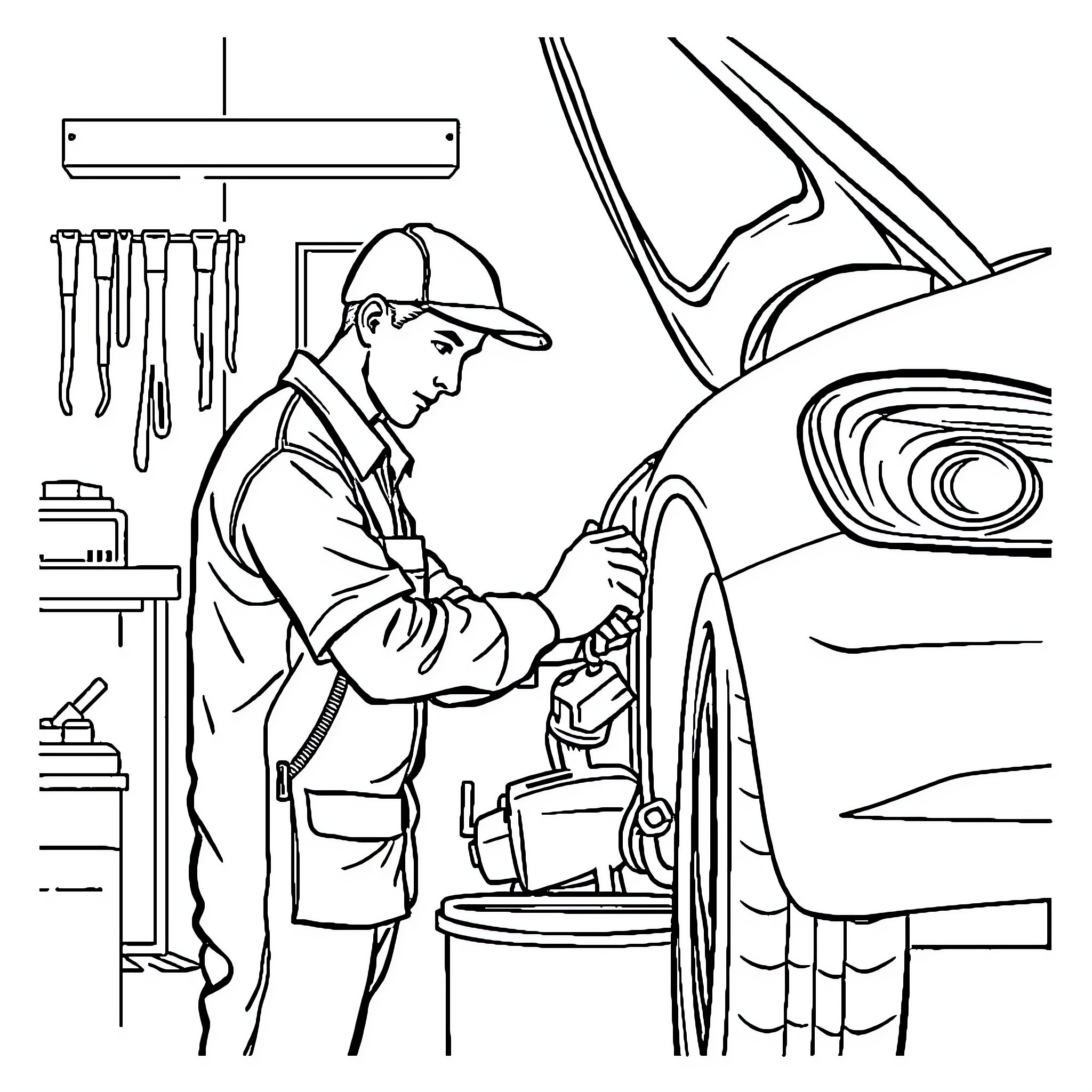 Auto Technician Repairing a Car in the Workshop Coloring Page (free black-and-white line drawing printable PDF for all, from beginners to advanced learners, including children, teens, adults, and seniors)