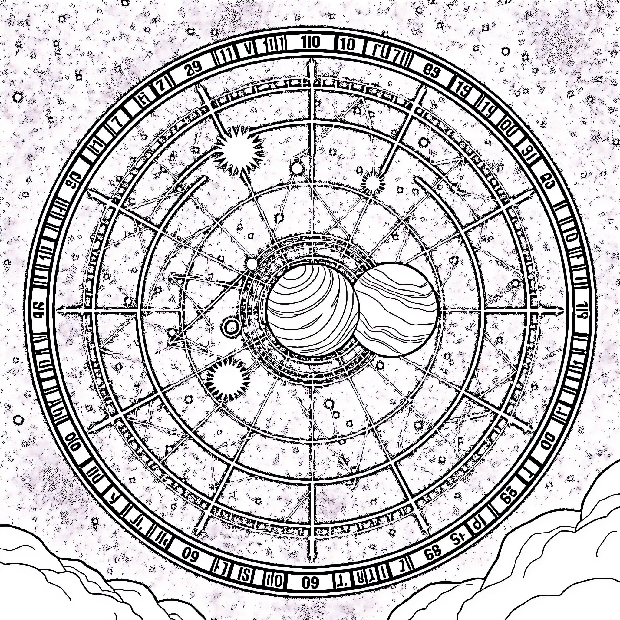 Astrology: Celestial symbols and cosmic patterns Coloring Page (free black-and-white line drawing printable PDF for all, from beginners to advanced learners, including children, teens, adults, and seniors)