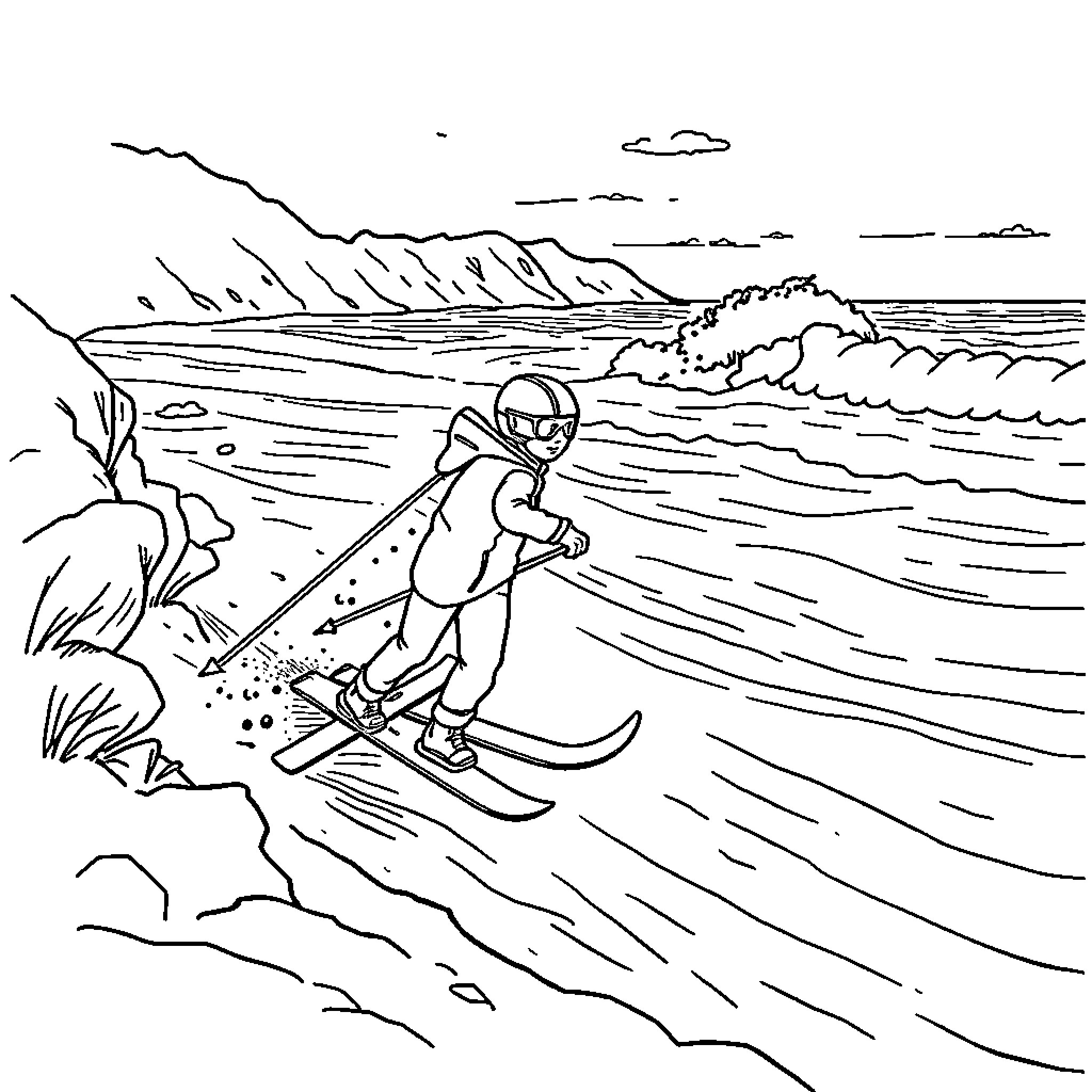 Paw Patrol Skiing Down Snowy Mountain Slopes Coloring Page (free black-and-white line drawing printable PDF for all, from beginners to advanced learners, including children, teens, adults, and seniors)