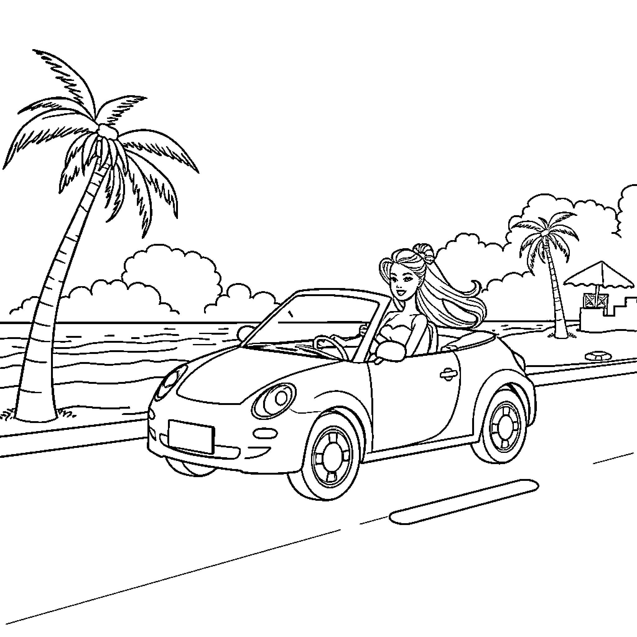 Barbie driving convertible car on beach vacation Coloring Page (free black-and-white line drawing printable PDF for all, from beginners to advanced learners, including children, teens, adults, and seniors)