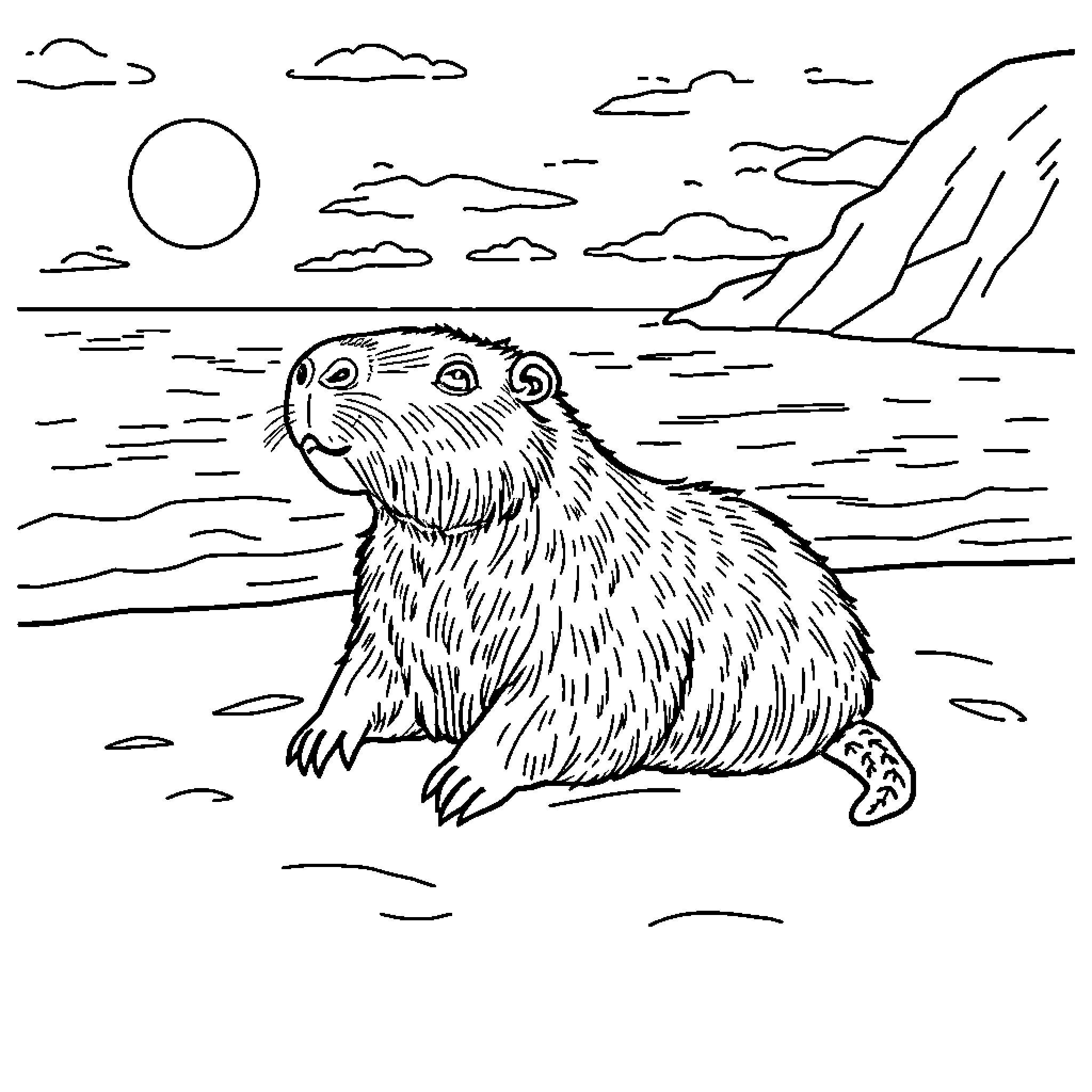 Capybara enjoying the serene landscape Coloring Page (free black-and-white line drawing printable PDF for all, from beginners to advanced learners, including children, teens, adults, and seniors)
