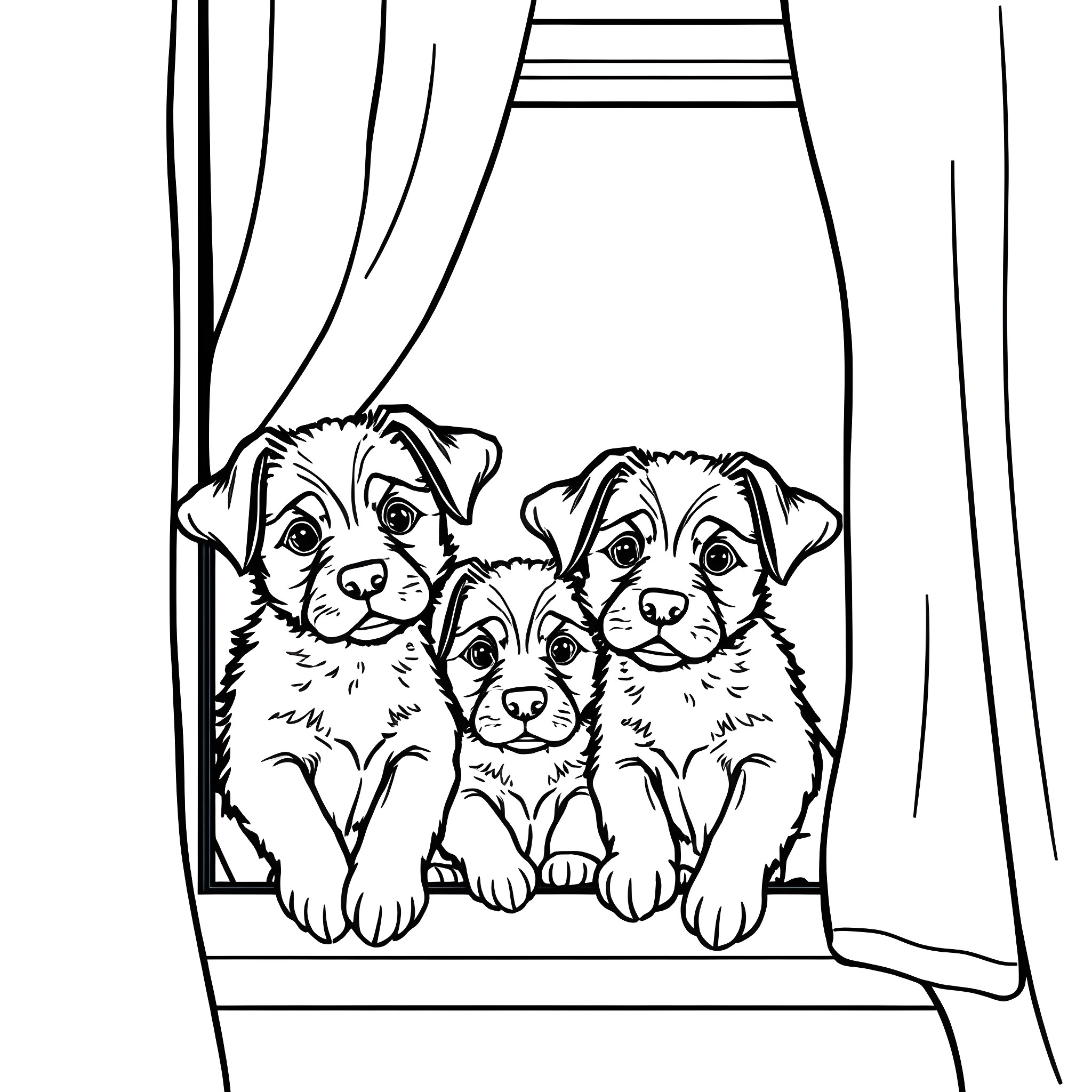 Puppy trio peeking out from behind curtain Coloring Page (free black-and-white line drawing printable PDF for all, from beginners to advanced learners, including children, teens, adults, and seniors)