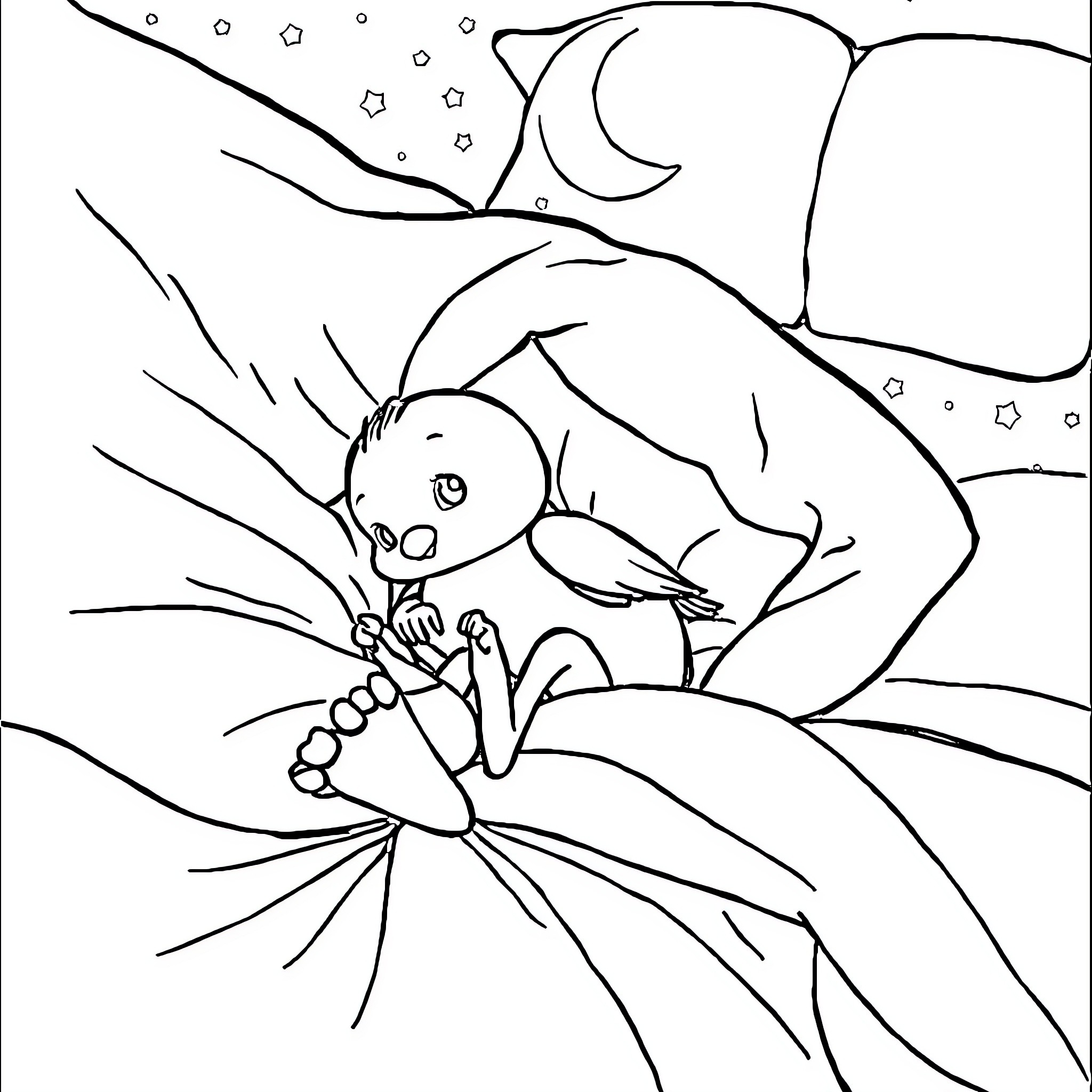 Fille exploring night nature and stars Coloring Page (free black-and-white line drawing printable PDF for all, from beginners to advanced learners, including children, teens, adults, and seniors)