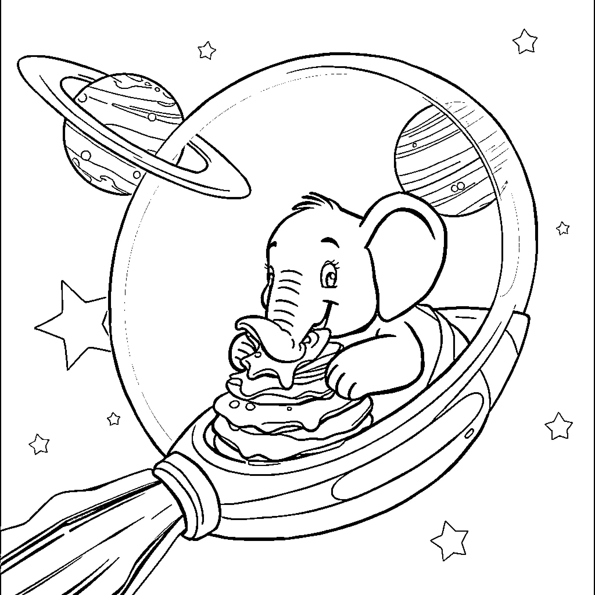 Elephant enjoying a space adventure Coloring Page (free black-and-white line drawing printable PDF for all, from beginners to advanced learners, including children, teens, adults, and seniors)