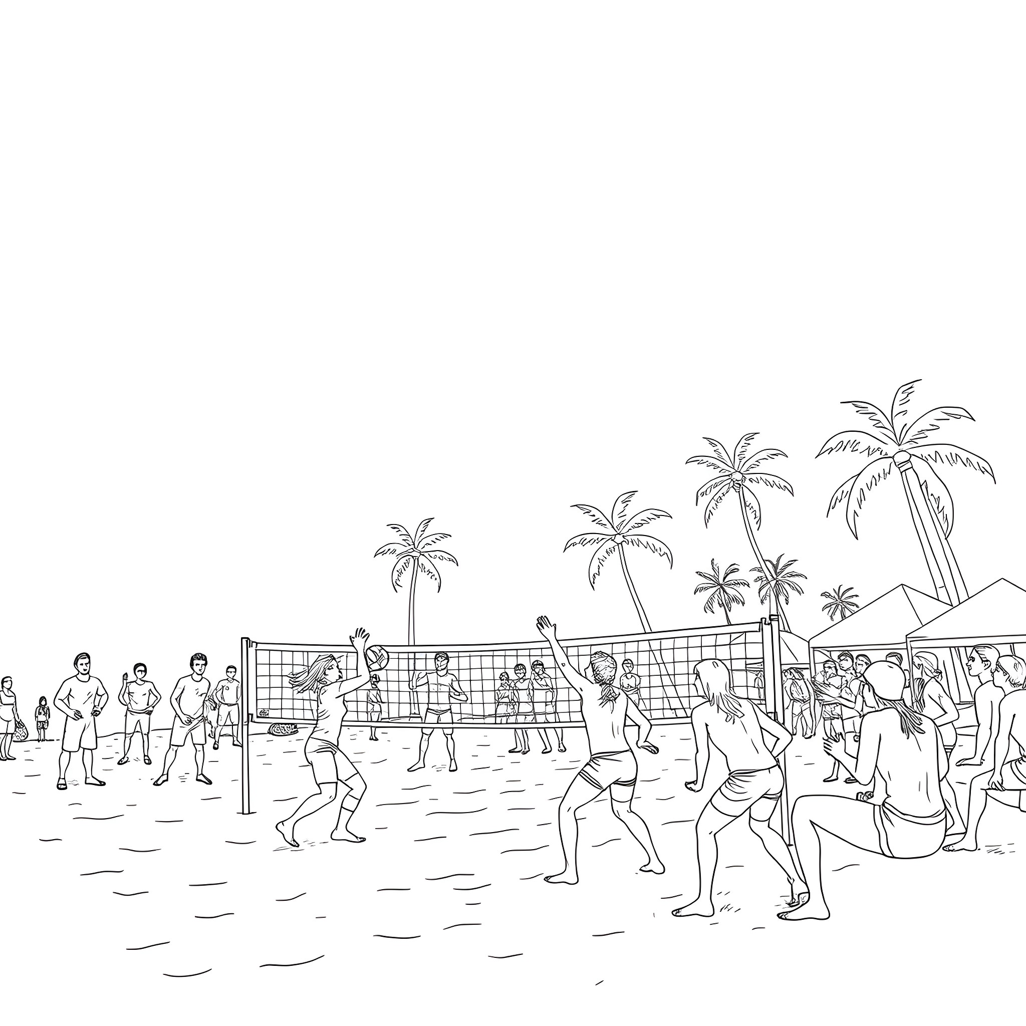 Volleyball game on the beach with players and palm trees Coloring Page (free black-and-white line drawing printable PDF for all, from beginners to advanced learners, including children, teens, adults, and seniors)