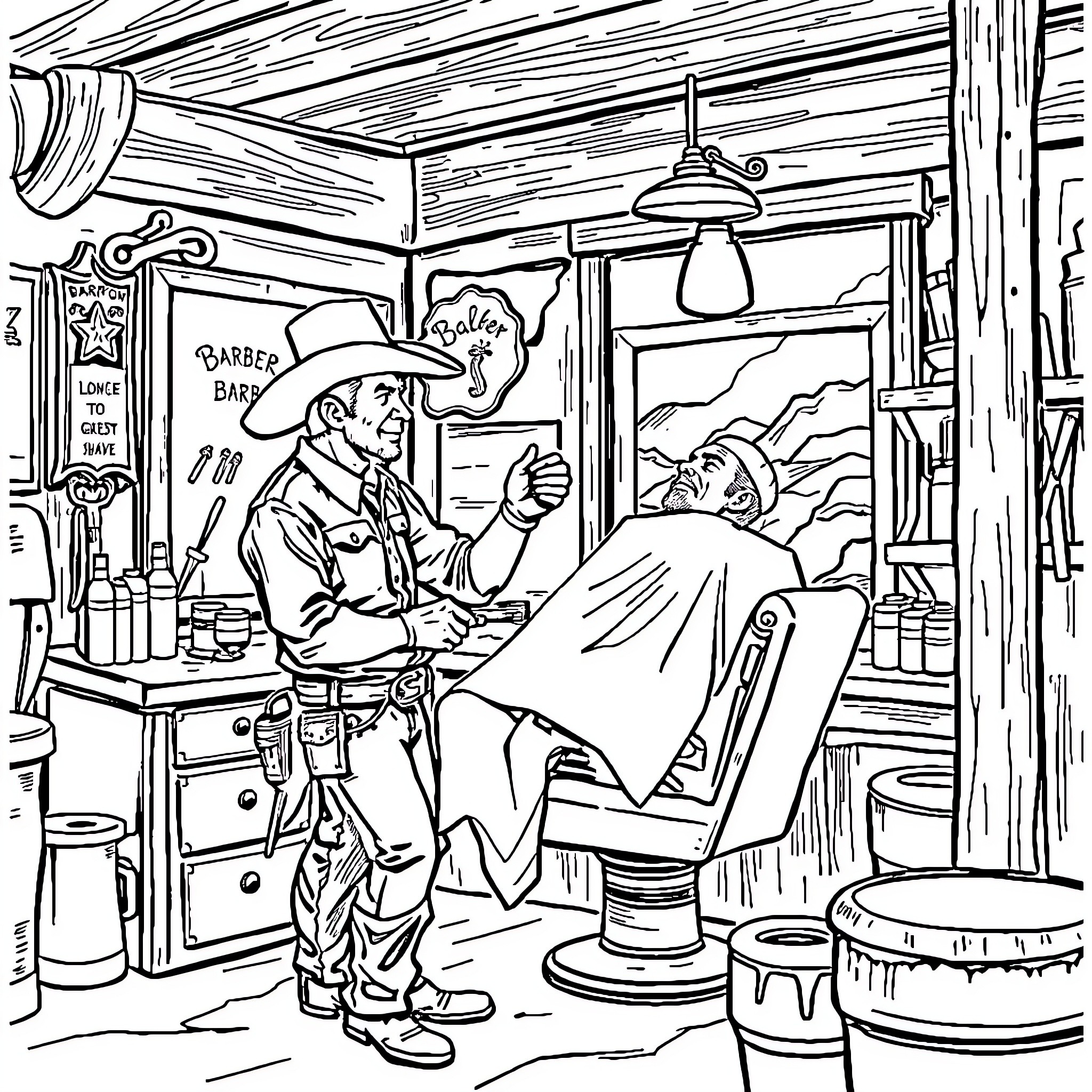 Cowboy Barber Cutting Hair in Old-Fashioned Barbershop Coloring Page (free black-and-white line drawing printable PDF for all, from beginners to advanced learners, including children, teens, adults, and seniors)