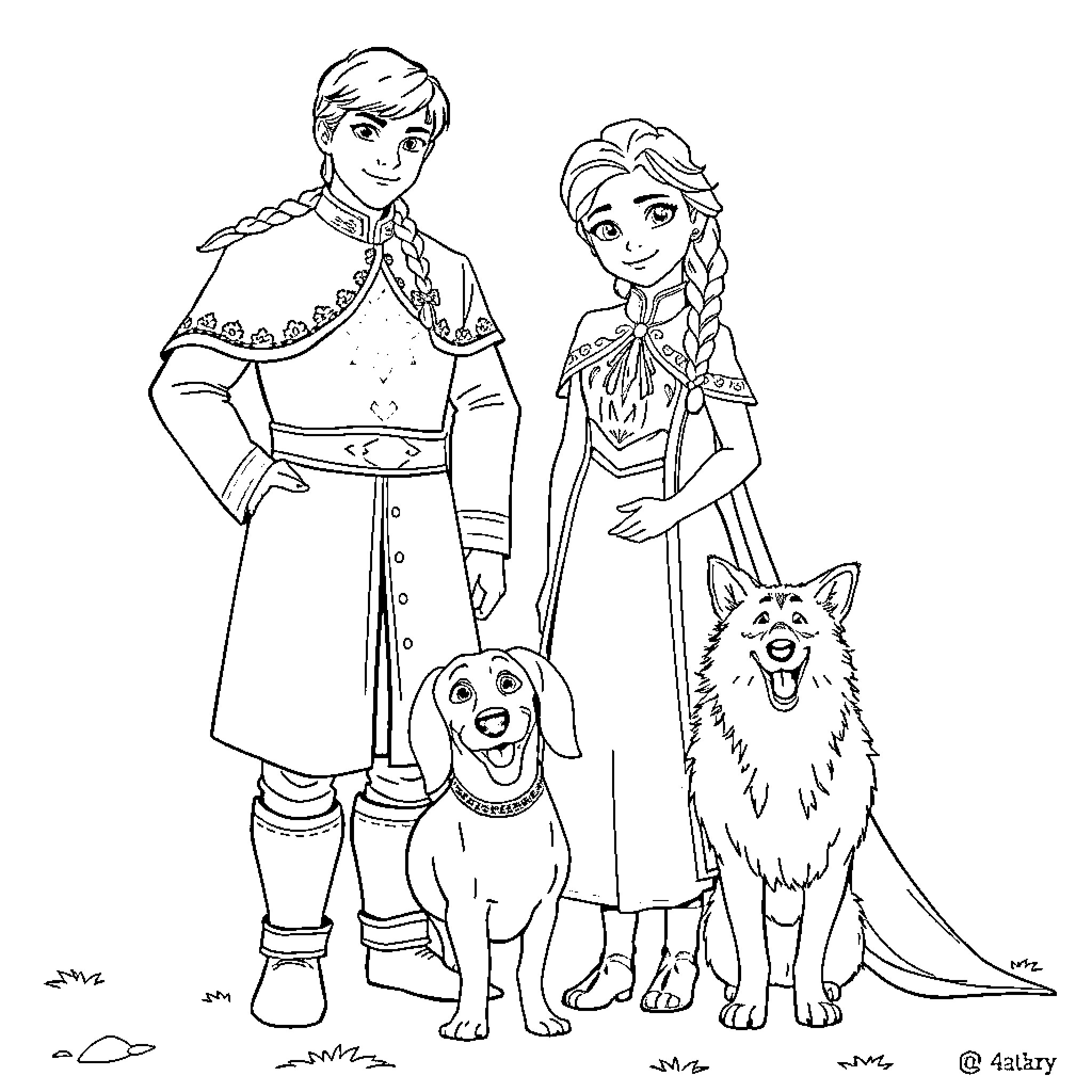 Dog and family enjoying an adventure Coloring Page (free black-and-white line drawing printable PDF for all, from beginners to advanced learners, including children, teens, adults, and seniors)