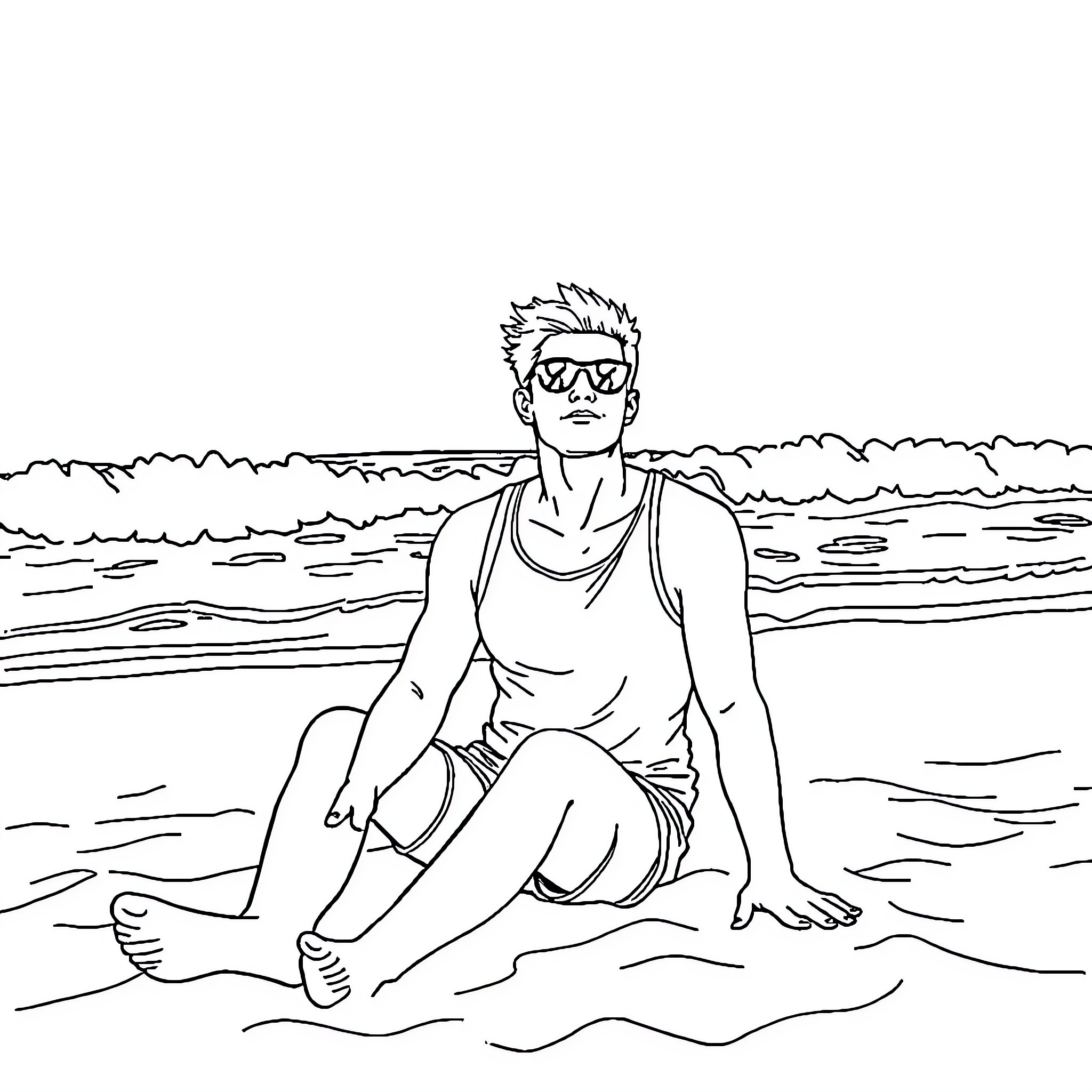 Canadian person relaxing on the beach Coloring Page (free black-and-white line drawing printable PDF for all, from beginners to advanced learners, including children, teens, adults, and seniors)