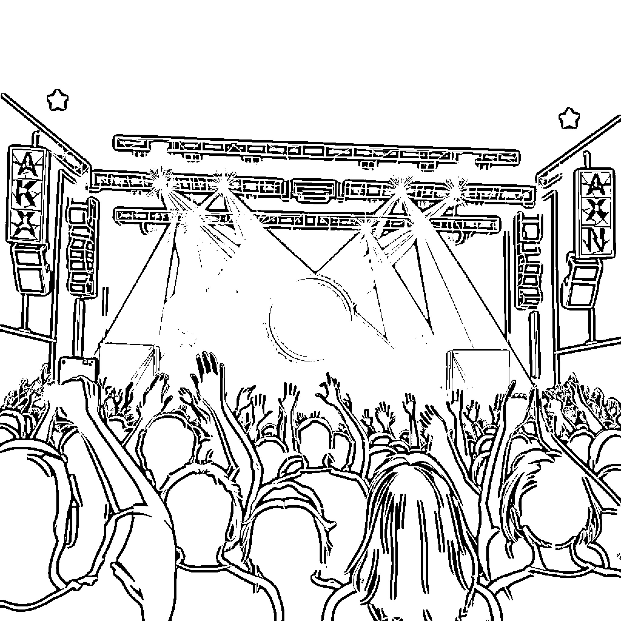 Kpop Performers Excite Cheering Crowd on Stage Coloring Page (free black-and-white line drawing printable PDF for all, from beginners to advanced learners, including children, teens, adults, and seniors)