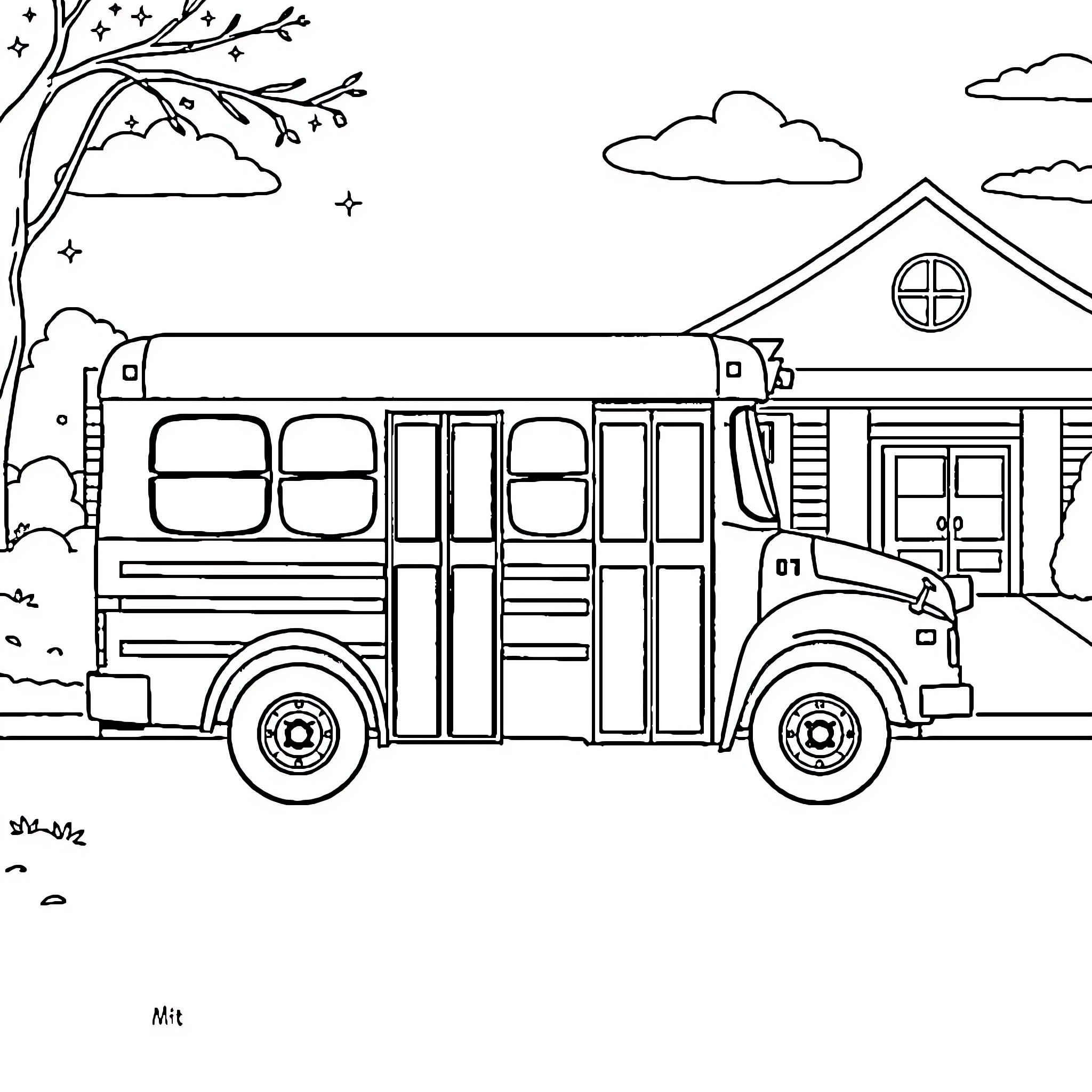 School Bus on a Scenic Country Road Coloring Page (free black-and-white line drawing printable PDF for all, from beginners to advanced learners, including children, teens, adults, and seniors)