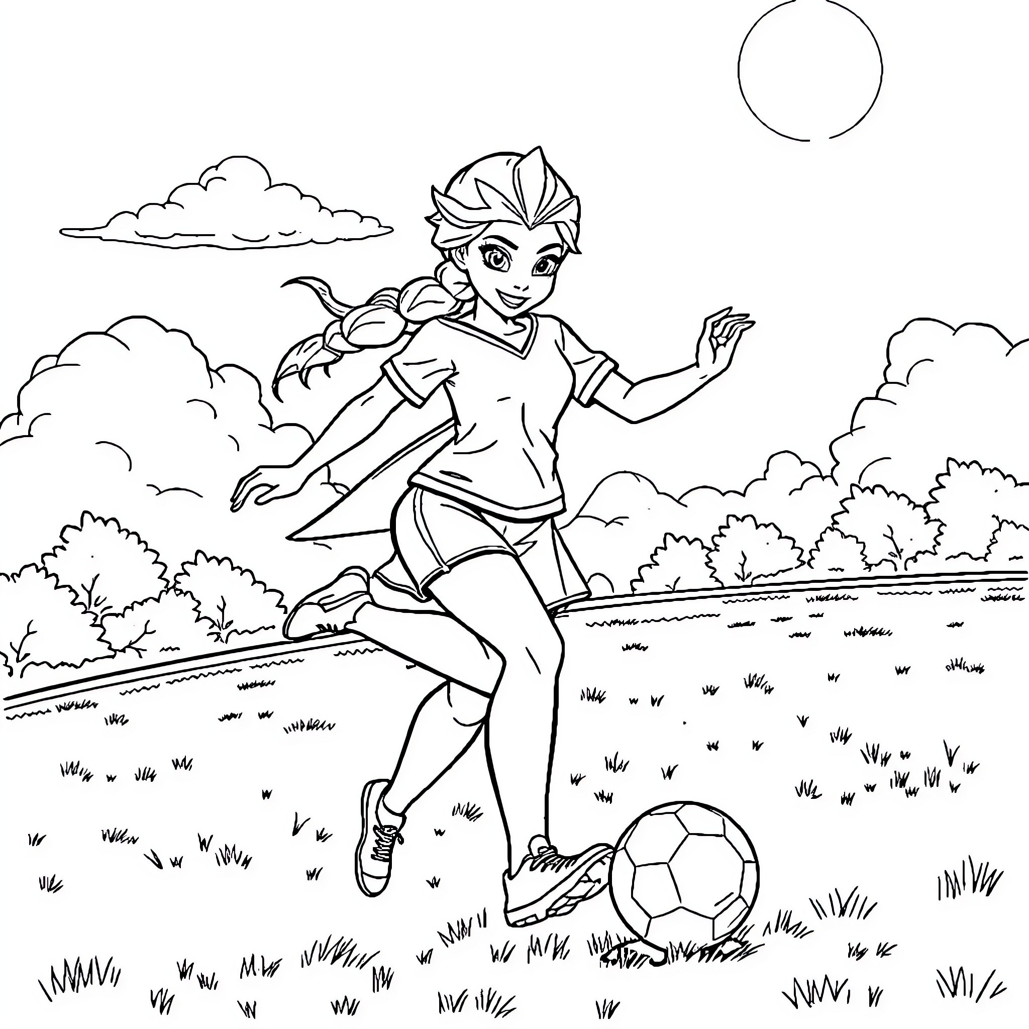 Elsa playing soccer in a scenic outdoor setting Coloring Page (free black-and-white line drawing printable PDF for all, from beginners to advanced learners, including children, teens, adults, and seniors)
