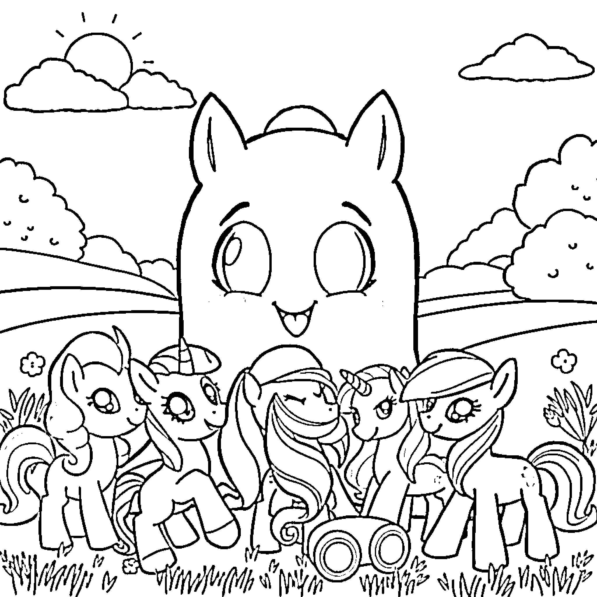 Ghostface characters in a whimsical outdoor scene Coloring Page (free black-and-white line drawing printable PDF for all, from beginners to advanced learners, including children, teens, adults, and seniors)