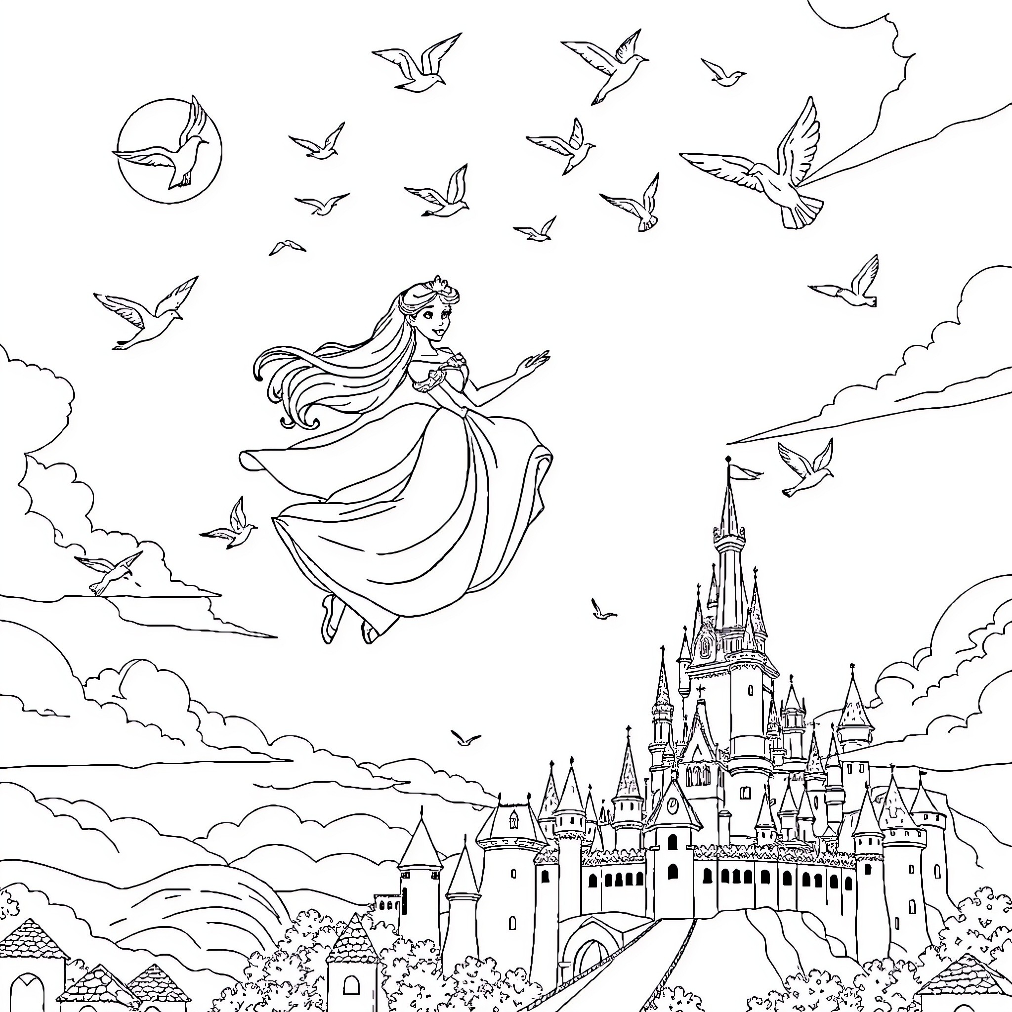 Belle dancing amidst the castle and birds Coloring Page (free black-and-white line drawing printable PDF for all, from beginners to advanced learners, including children, teens, adults, and seniors)