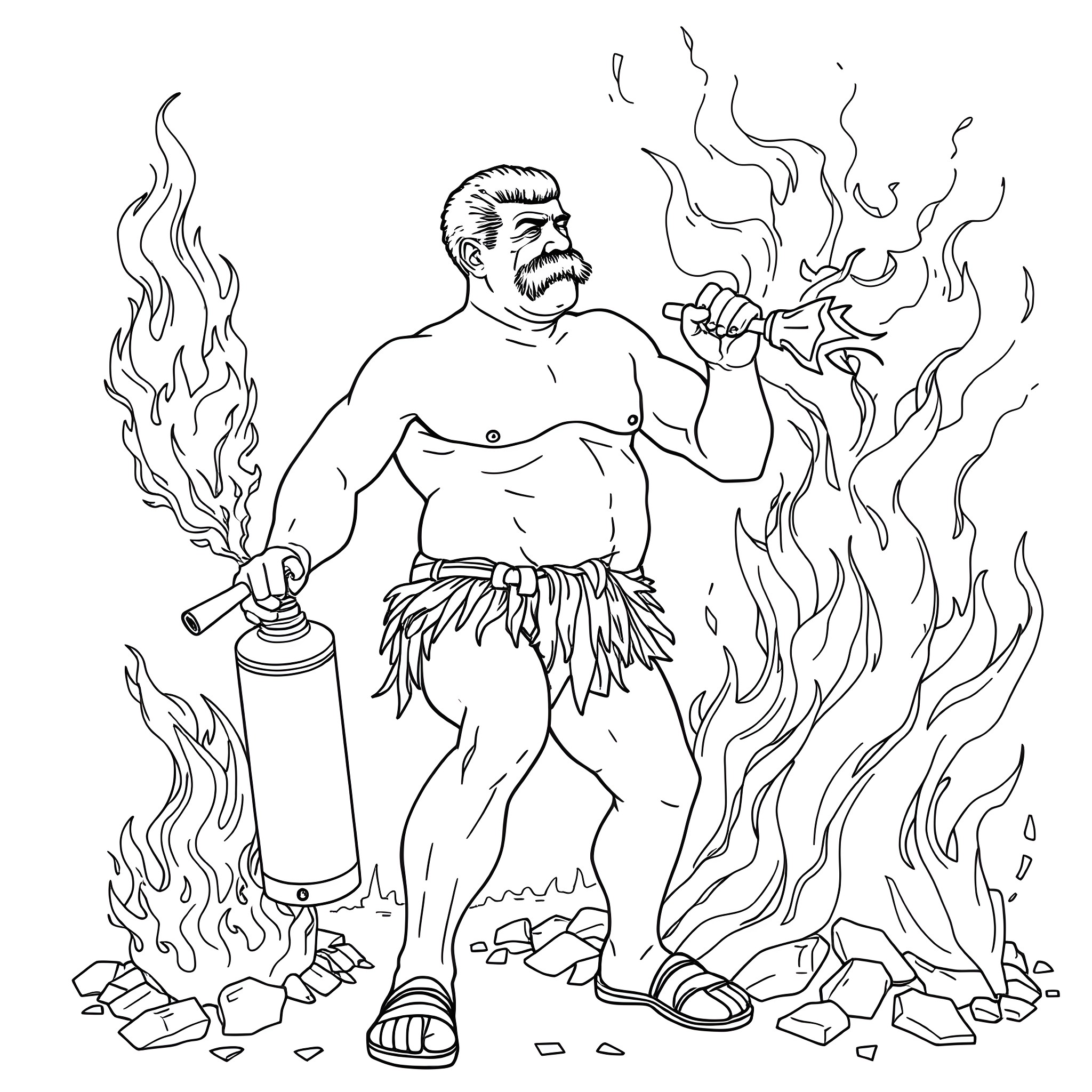 Joseph Stalin battling flames with a fire extinguisher Coloring Page (free black-and-white line drawing printable PDF for all, from beginners to advanced learners, including children, teens, adults, and seniors)