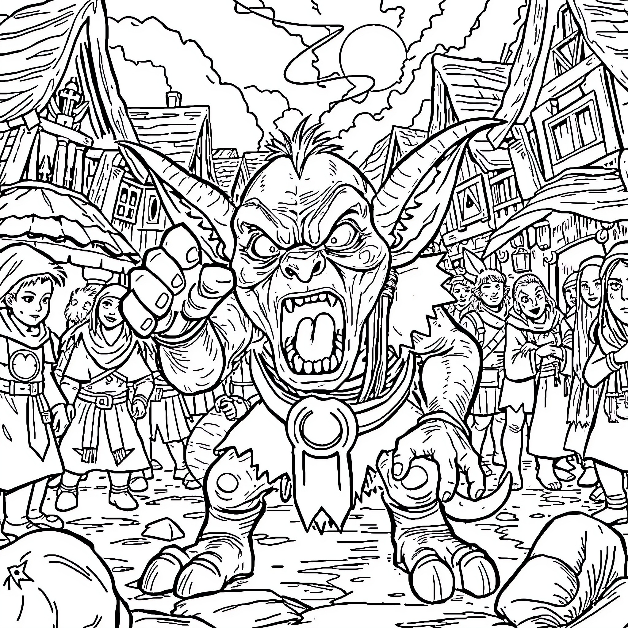 Goblin terrorizing a village with its monstrous presence Coloring Page (free black-and-white line drawing printable PDF for all, from beginners to advanced learners, including children, teens, adults, and seniors)