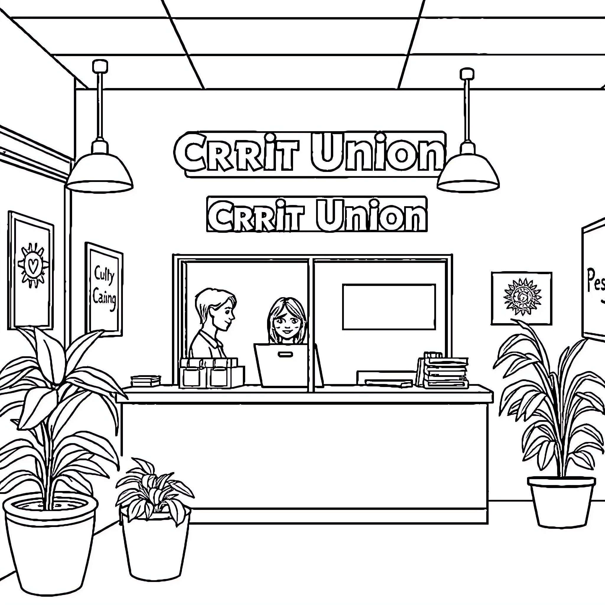 Credit Union Office with Customer Service Representatives Coloring Page (free black-and-white line drawing printable PDF for all, from beginners to advanced learners, including children, teens, adults, and seniors)