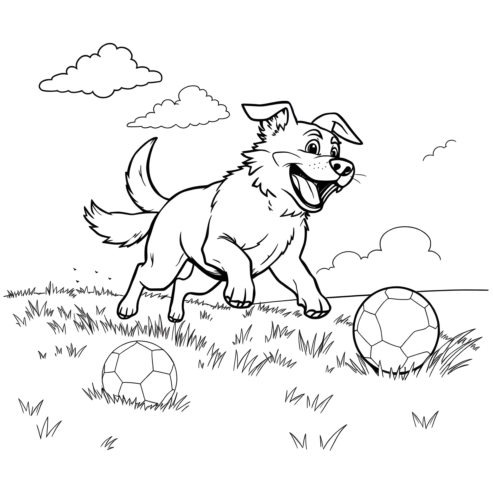 Dog playing happily with soccer balls in the park Coloring Page (free black-and-white line drawing printable PDF for all, from beginners to advanced learners, including children, teens, adults, and seniors)