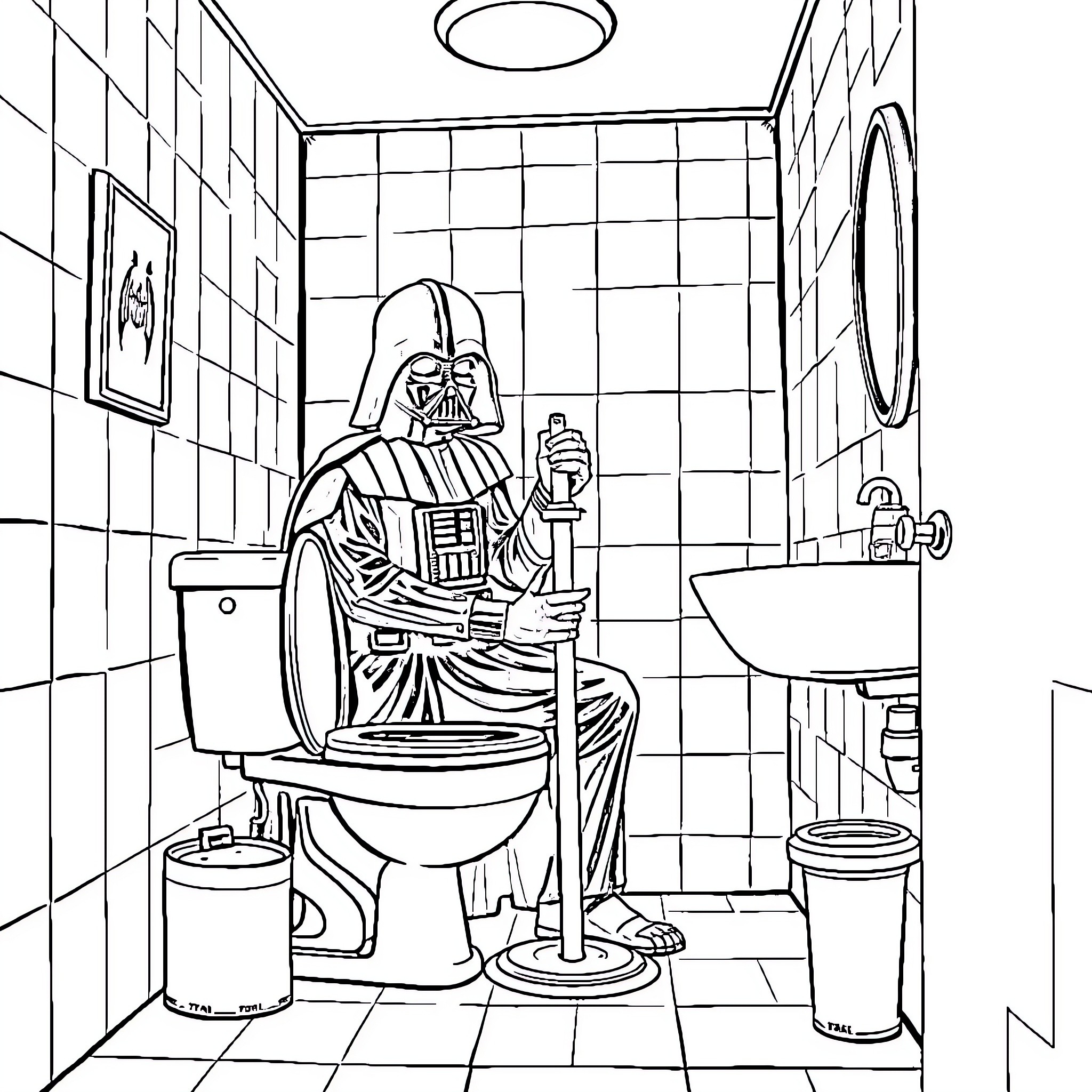 Darth Vader relaxing in the bathroom Coloring Page (free black-and-white line drawing printable PDF for all, from beginners to advanced learners, including children, teens, adults, and seniors)