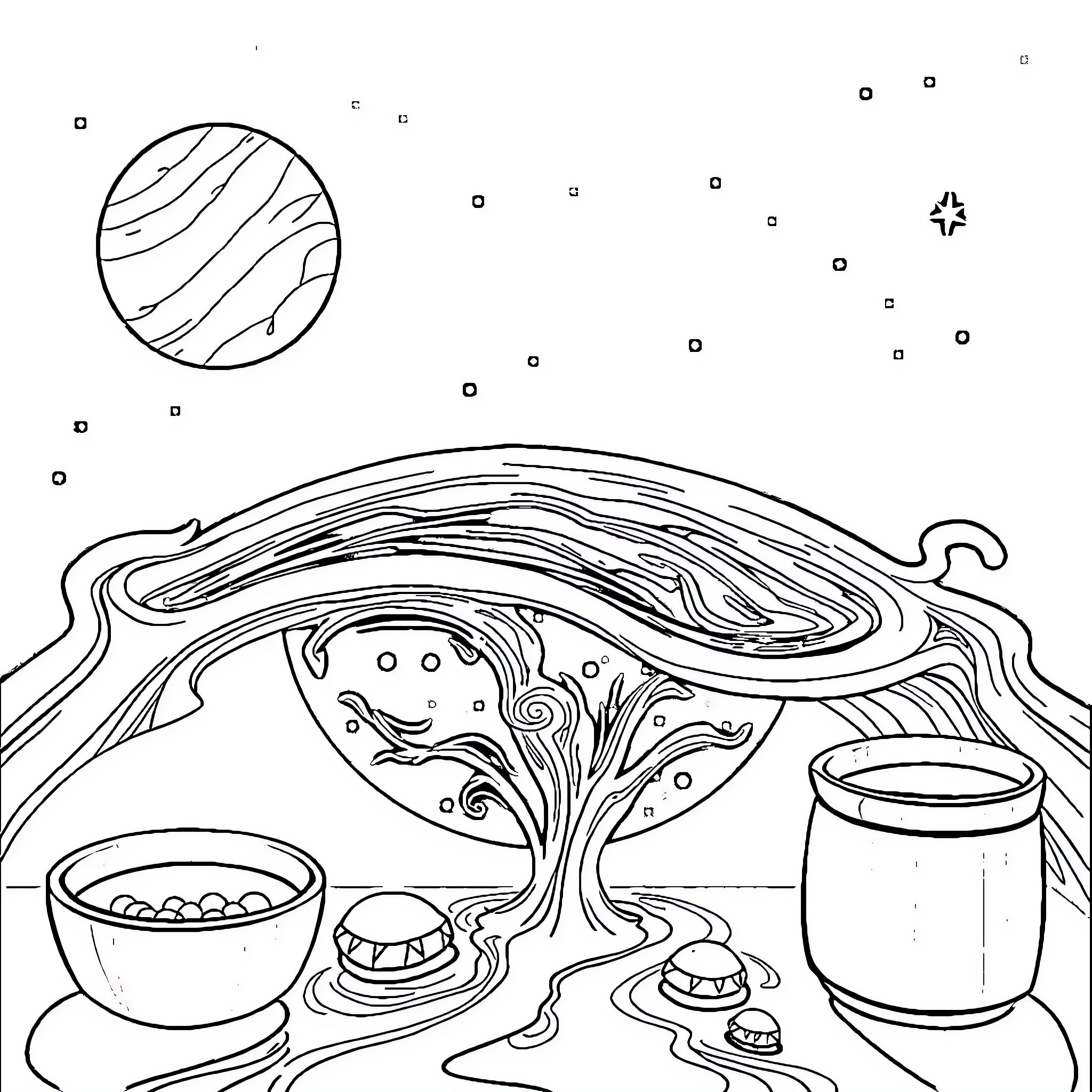 Planeta Celestial: Mysterious Cosmic Landscape Coloring Page (free black-and-white line drawing printable PDF for all, from beginners to advanced learners, including children, teens, adults, and seniors)