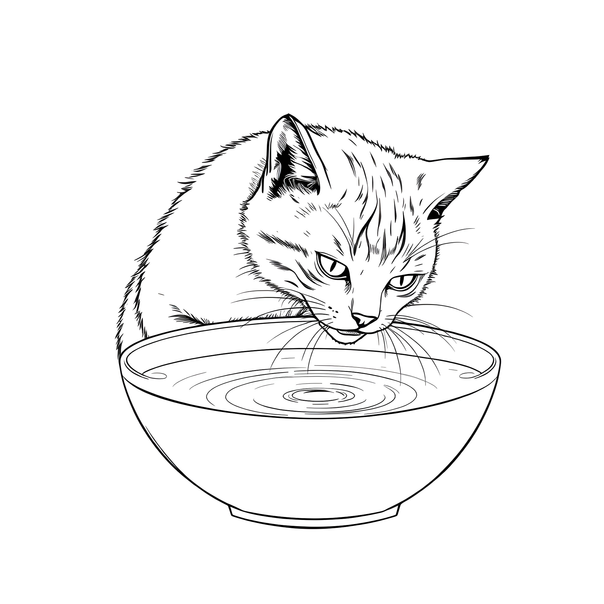Cat drinking from a bowl Coloring Page (free black-and-white line drawing printable PDF for all, from beginners to advanced learners, including children, teens, adults, and seniors)