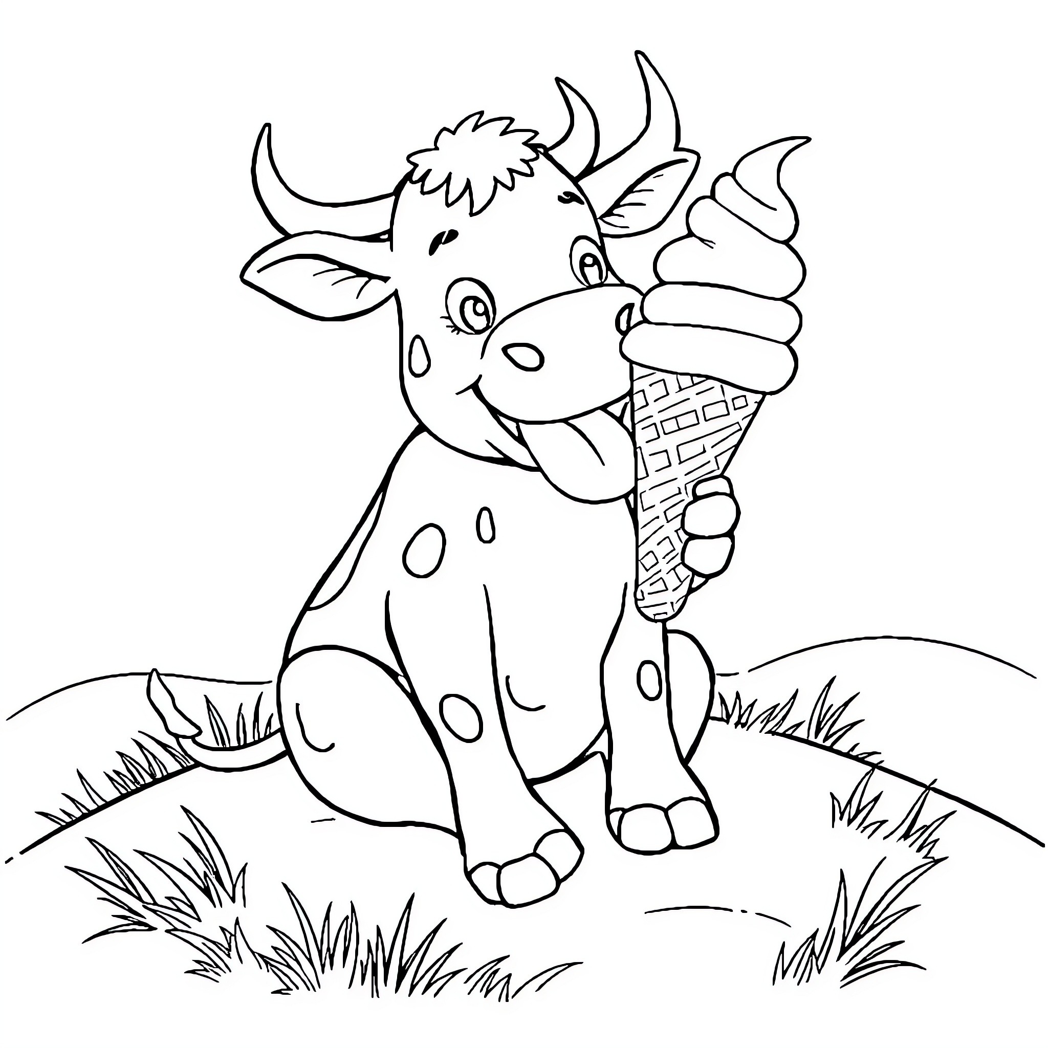 Cow enjoying a tasty ice cream treat Coloring Page (free black-and-white line drawing printable PDF for all, from beginners to advanced learners, including children, teens, adults, and seniors)
