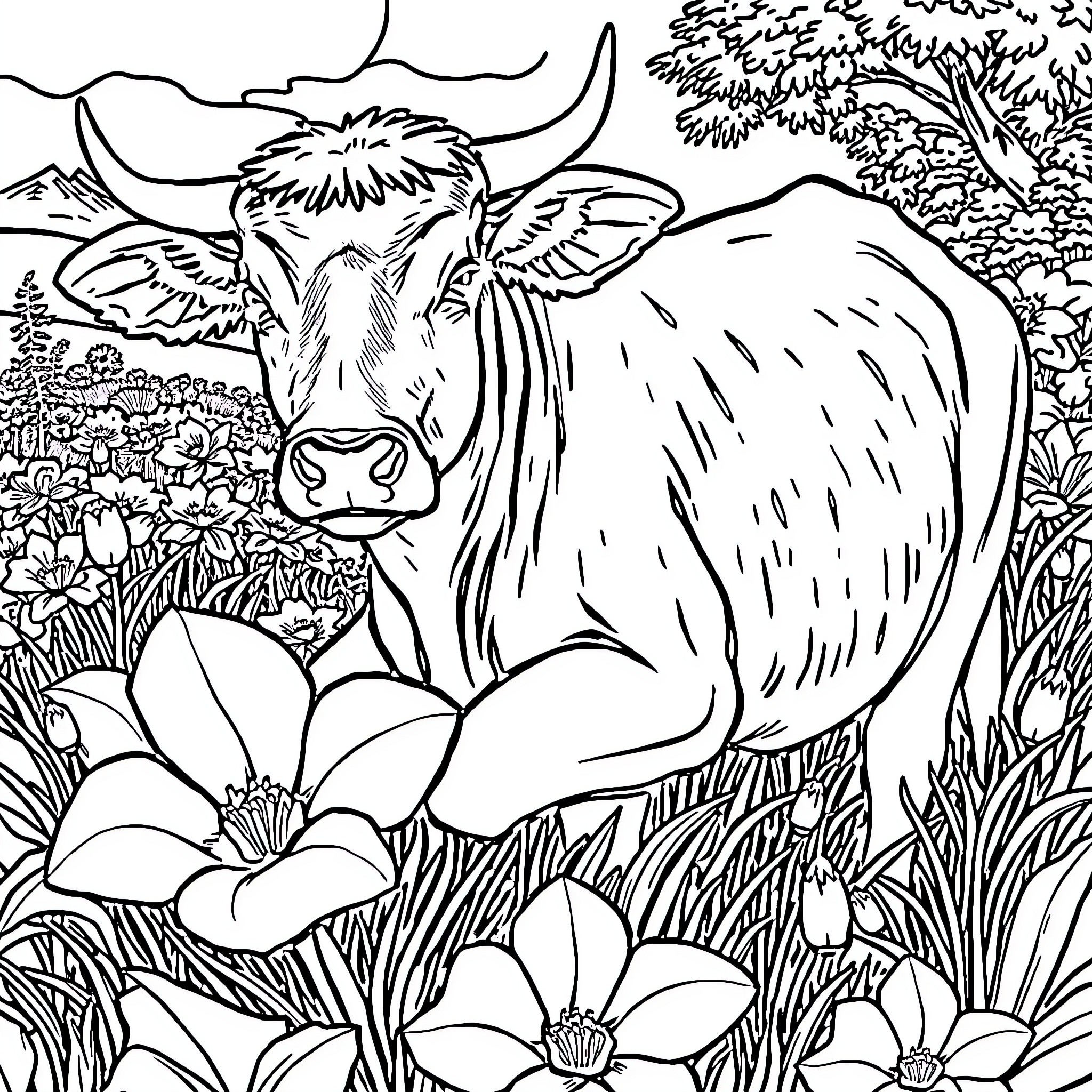 Vaca grazing in a lush meadow Coloring Page (free black-and-white line drawing printable PDF for all, from beginners to advanced learners, including children, teens, adults, and seniors)