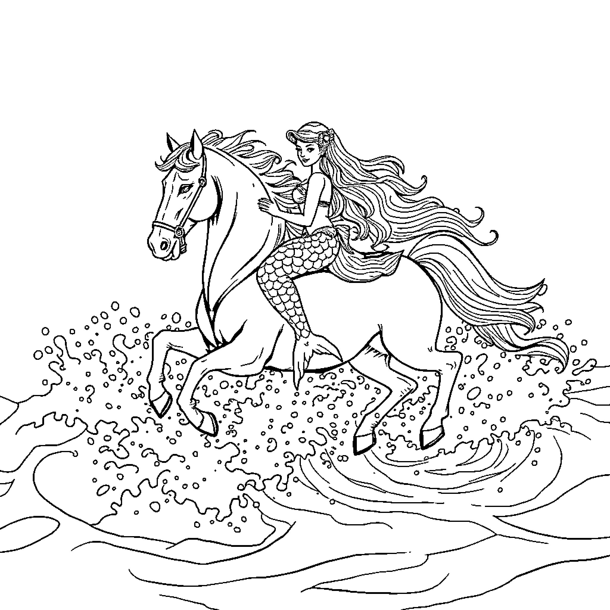 Mermaid riding on a fantastical horse through the waves Coloring Page (free black-and-white line drawing printable PDF for all, from beginners to advanced learners, including children, teens, adults, and seniors)