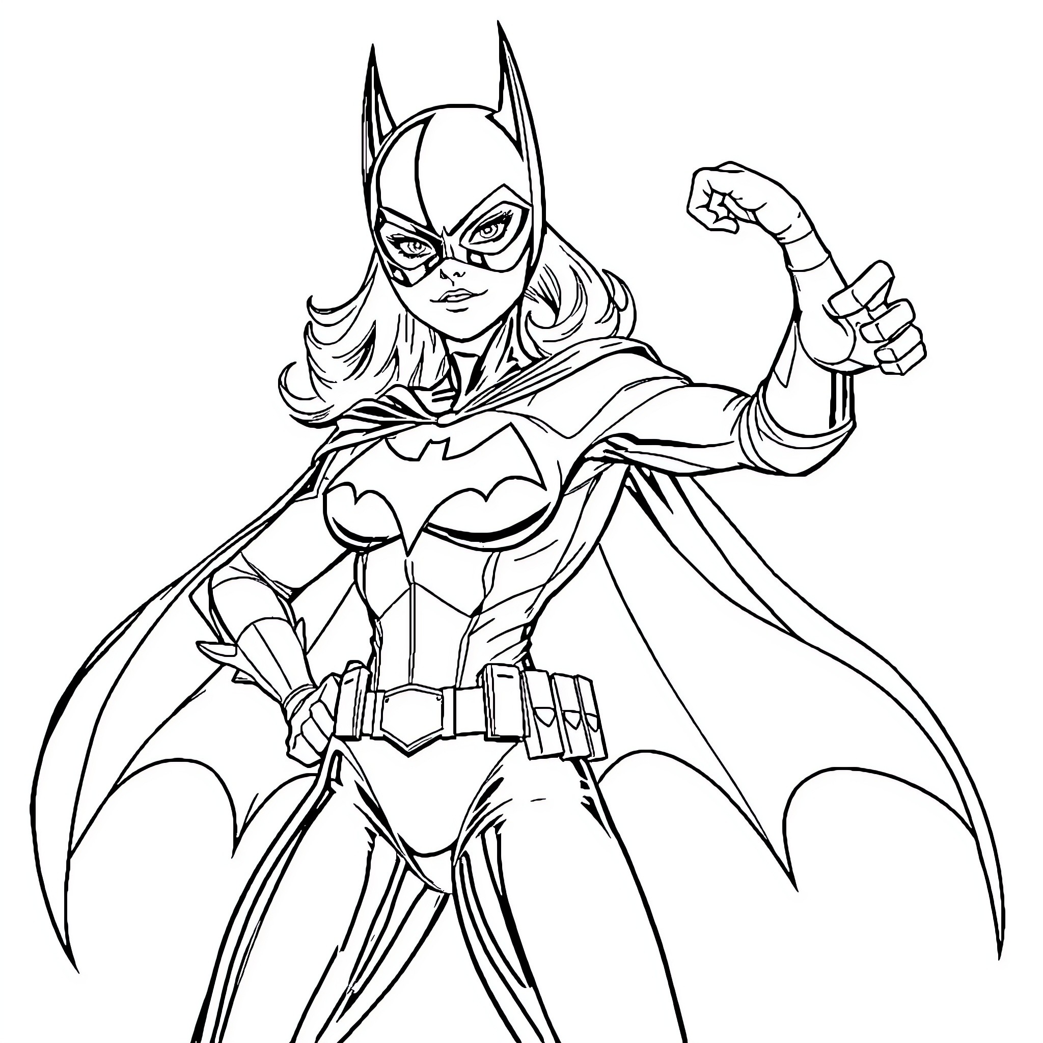 Batgirl in action-packed heroic pose Coloring Page (free black-and-white line drawing printable PDF for all, from beginners to advanced learners, including children, teens, adults, and seniors)