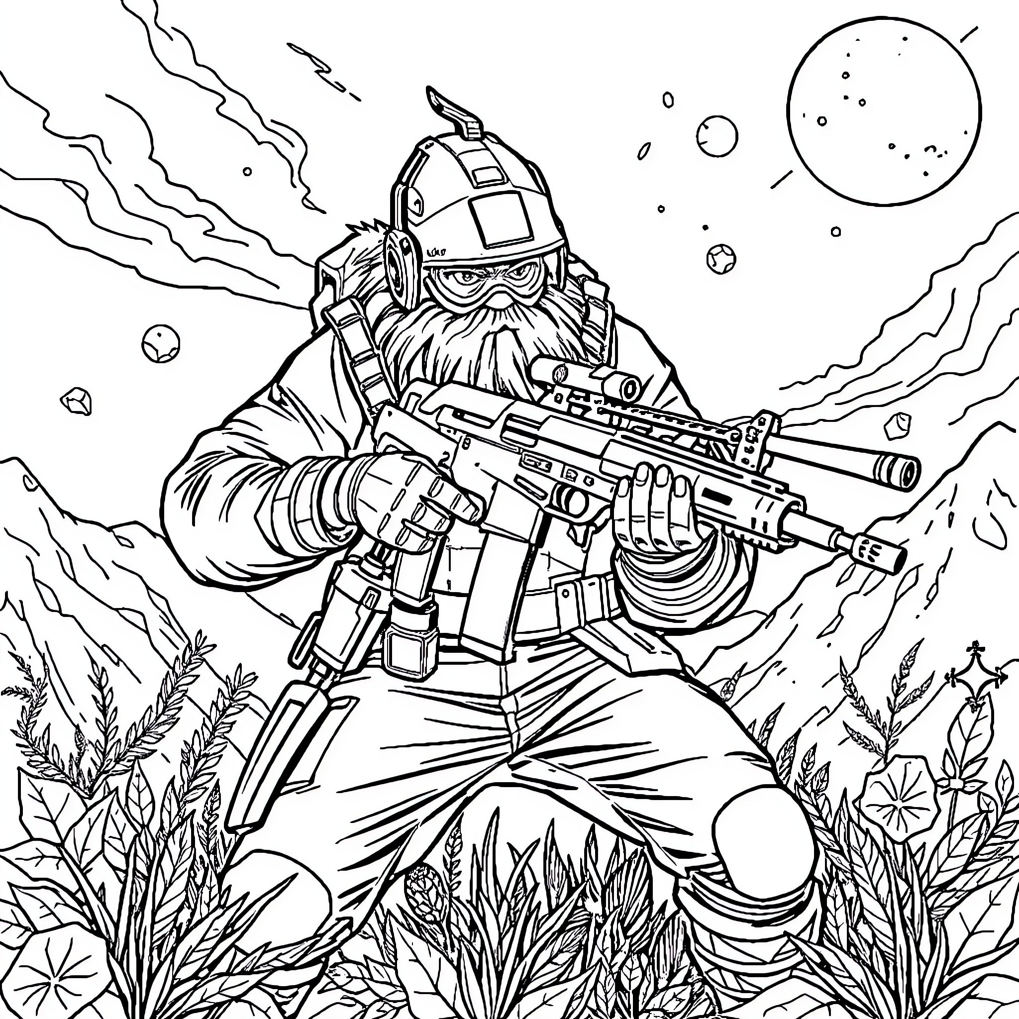 Huntrx warrior armed with high-tech gear in an alien landscape Coloring Page (free black-and-white line drawing printable PDF for all, from beginners to advanced learners, including children, teens, adults, and seniors)