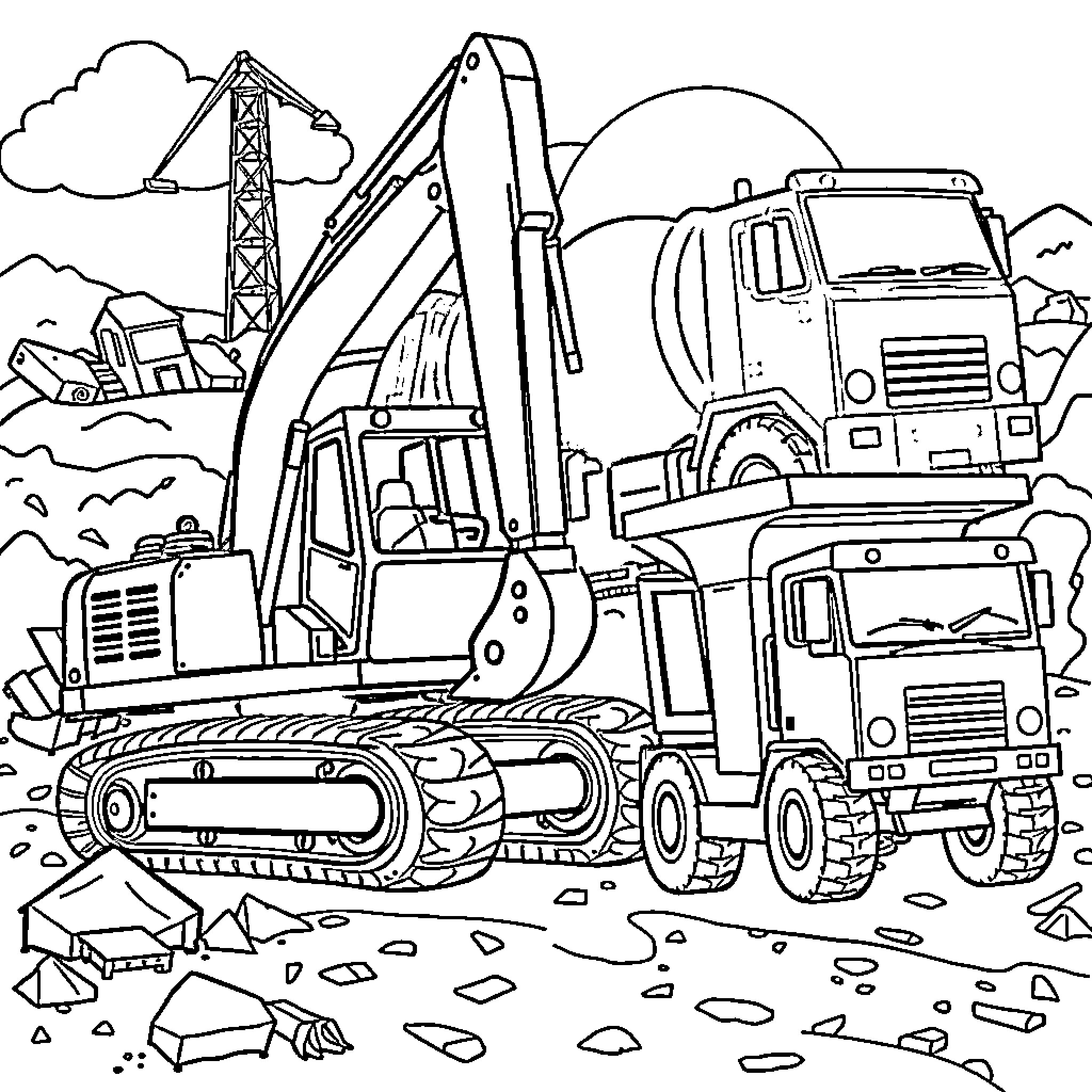 Digger trucks and construction machinery at work Coloring Page (free black-and-white line drawing printable PDF for all, from beginners to advanced learners, including children, teens, adults, and seniors)