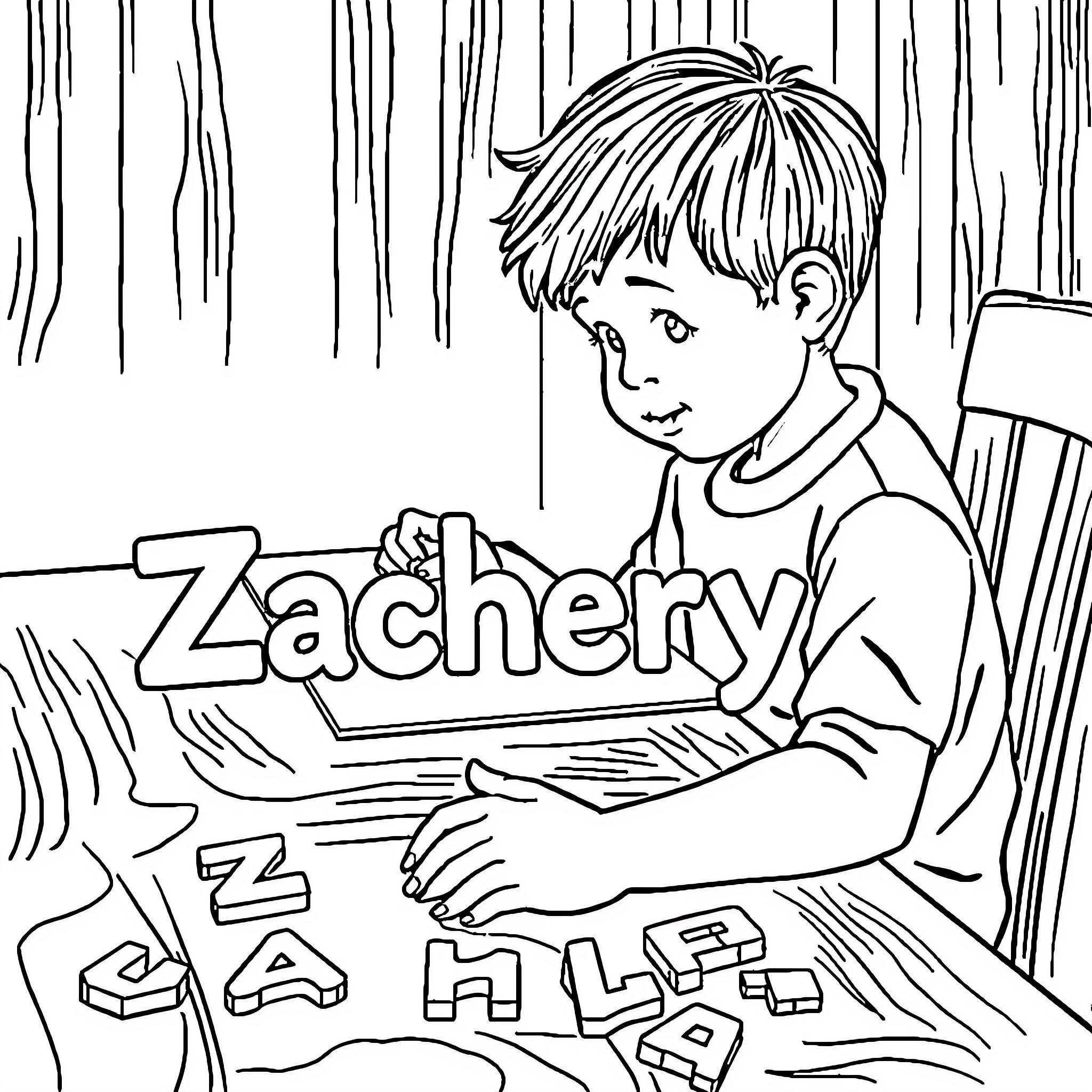 Zachery Playing with Wooden Blocks Coloring Page (free black-and-white line drawing printable PDF for all, from beginners to advanced learners, including children, teens, adults, and seniors)