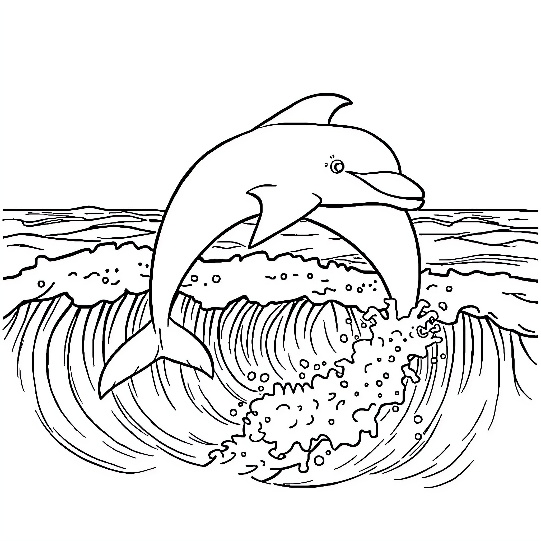 Dolphin leaping through ocean waves Coloring Page (free black-and-white line drawing printable PDF for all, from beginners to advanced learners, including children, teens, adults, and seniors)