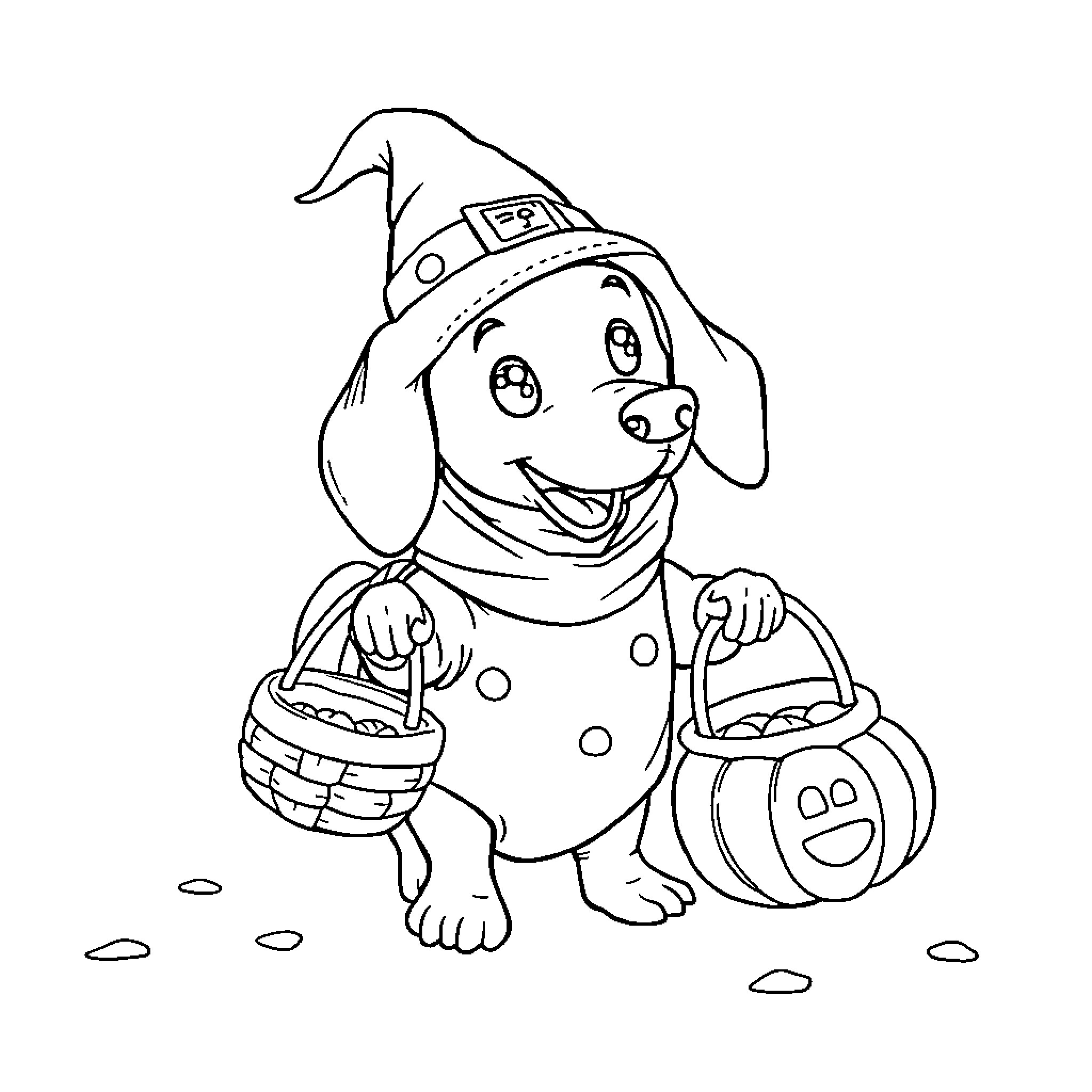 Dachshund wearing witch's hat on Halloween Coloring Page (free black-and-white line drawing printable PDF for all, from beginners to advanced learners, including children, teens, adults, and seniors)
