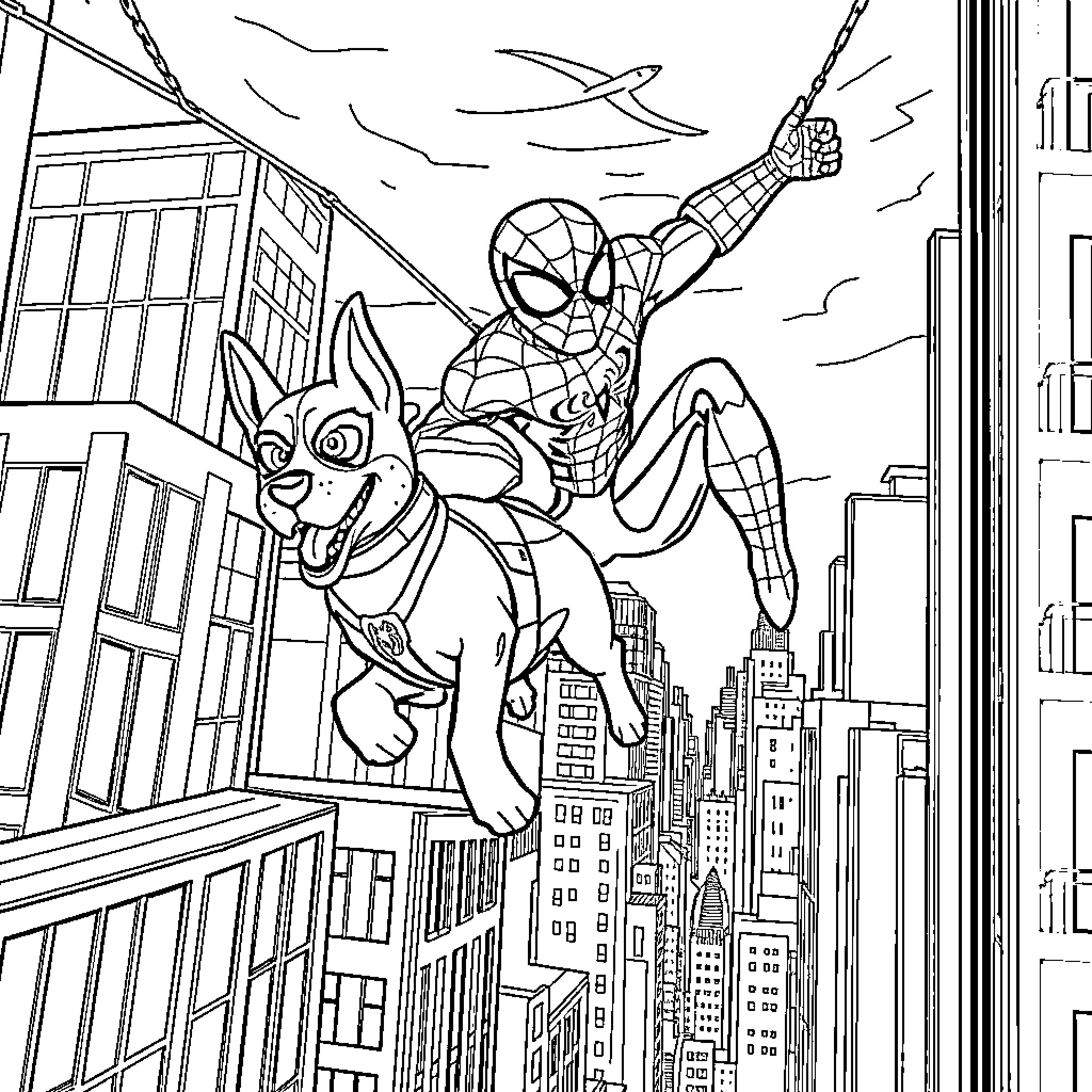 Patrol and Spiderman swing high above city streets Coloring Page (free black-and-white line drawing printable PDF for all, from beginners to advanced learners, including children, teens, adults, and seniors)