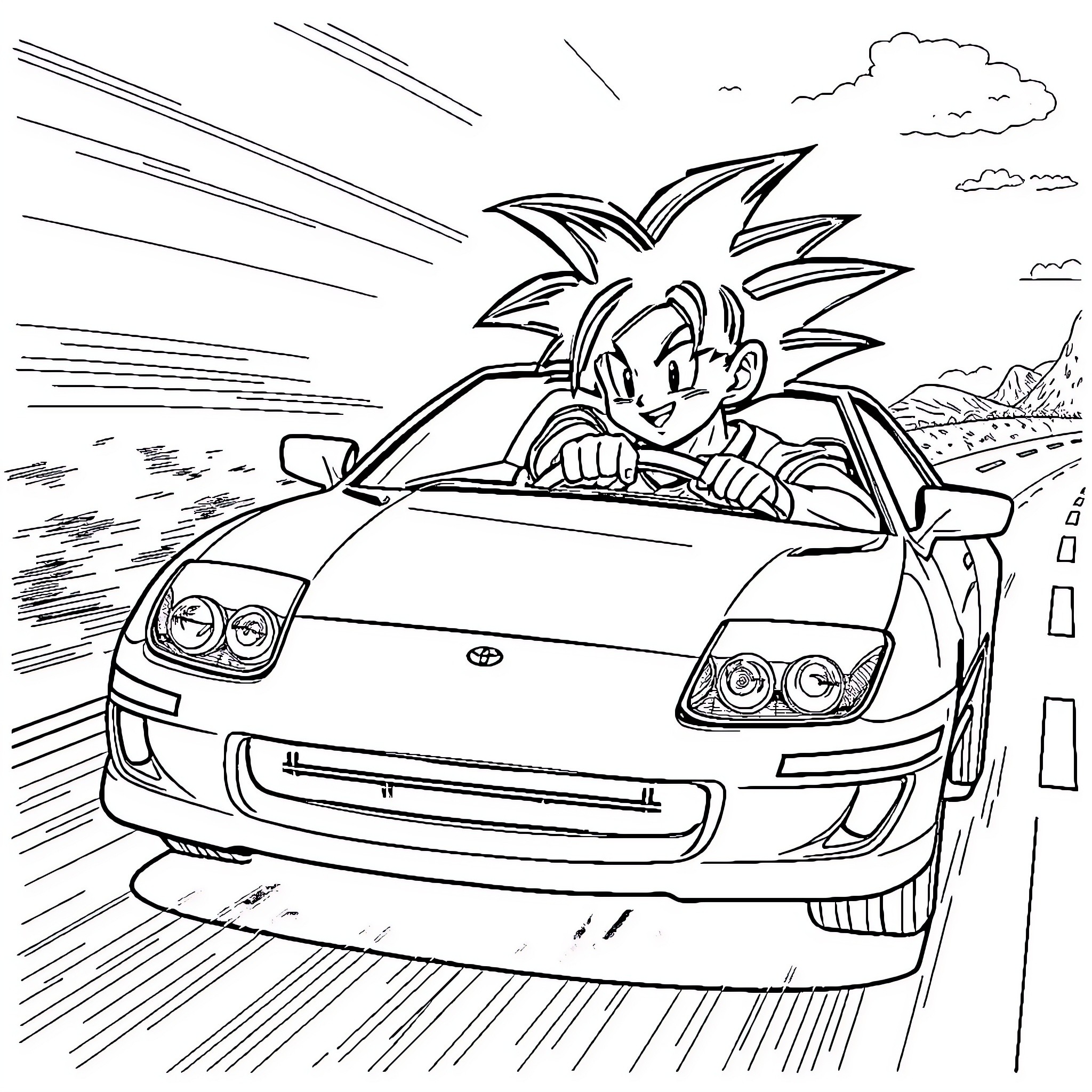 Toyota Celica driven by a spirited character Coloring Page (free black-and-white line drawing printable PDF for all, from beginners to advanced learners, including children, teens, adults, and seniors)