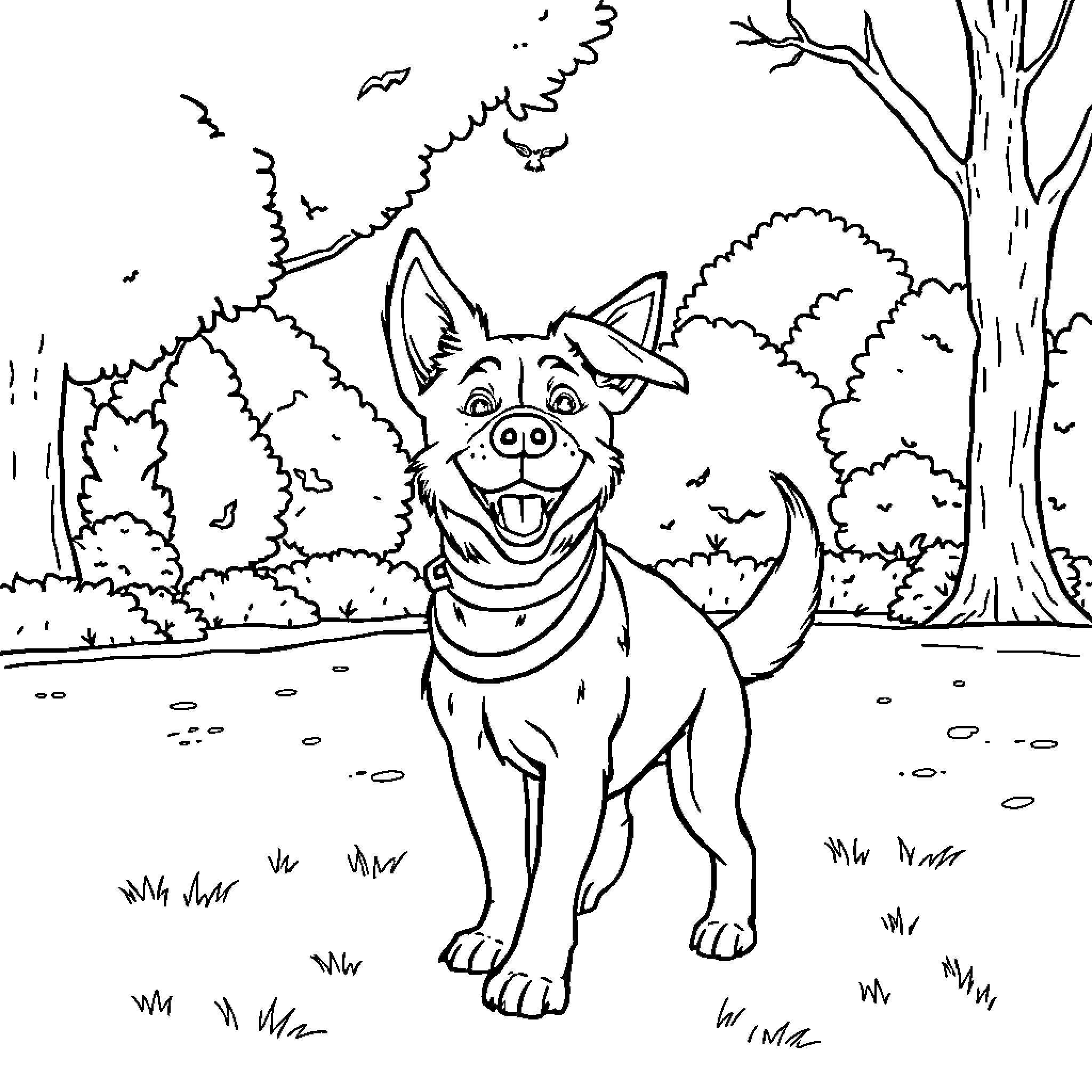 Dog exploring the forest Coloring Page (free black-and-white line drawing printable PDF for all, from beginners to advanced learners, including children, teens, adults, and seniors)