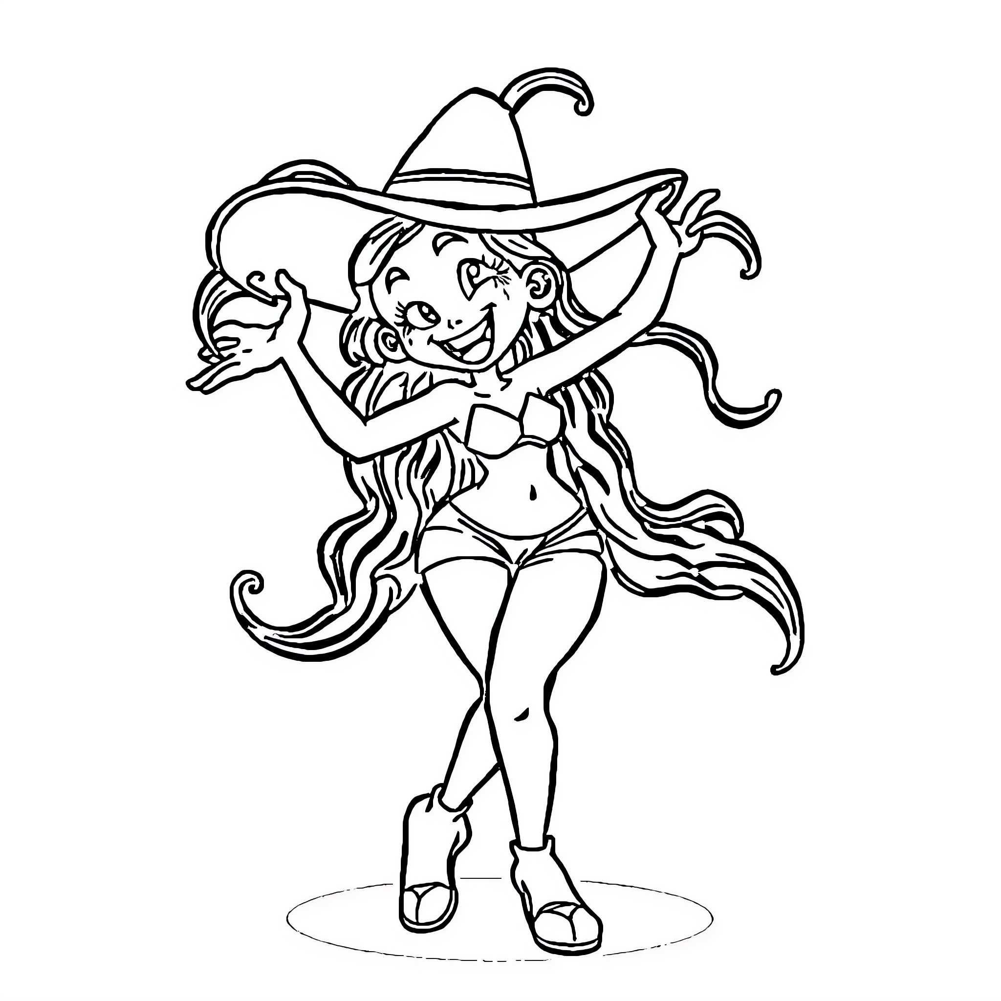 Chili Cowgirl Striking a Playful Pose Coloring Page (free black-and-white line drawing printable PDF for all, from beginners to advanced learners, including children, teens, adults, and seniors)