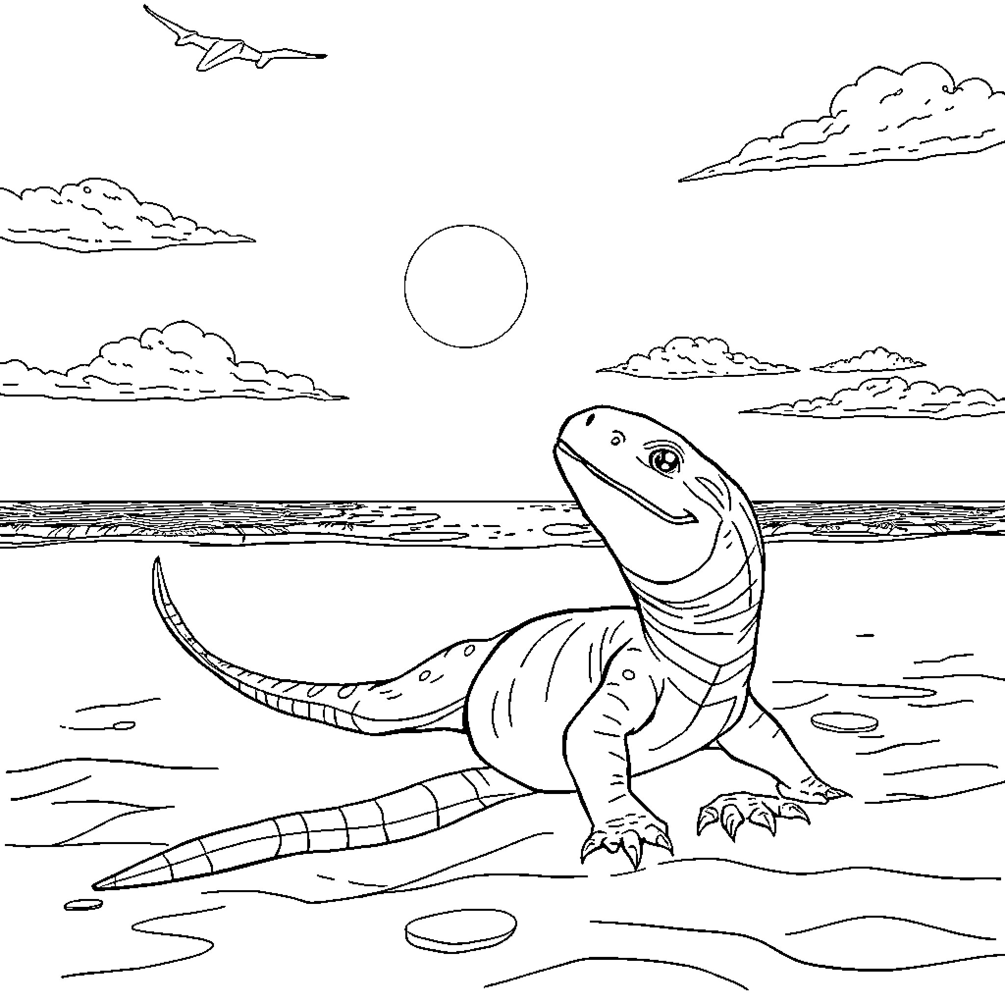 Saur reptile exploring the sunny shoreline Coloring Page (free black-and-white line drawing printable PDF for all, from beginners to advanced learners, including children, teens, adults, and seniors)