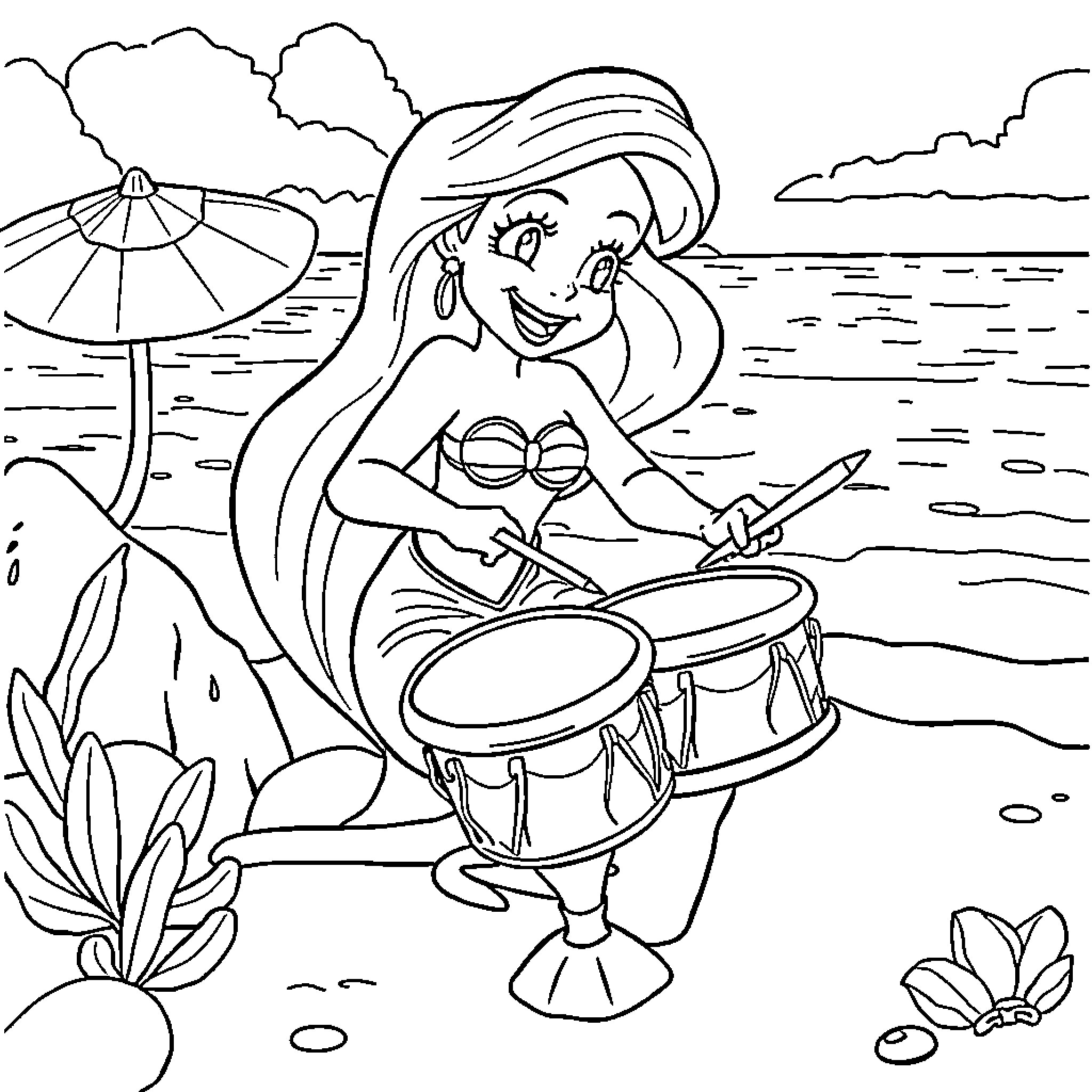 Princess Ariel Drumming Happily on the Beach Coloring Page (free black-and-white line drawing printable PDF for all, from beginners to advanced learners, including children, teens, adults, and seniors)