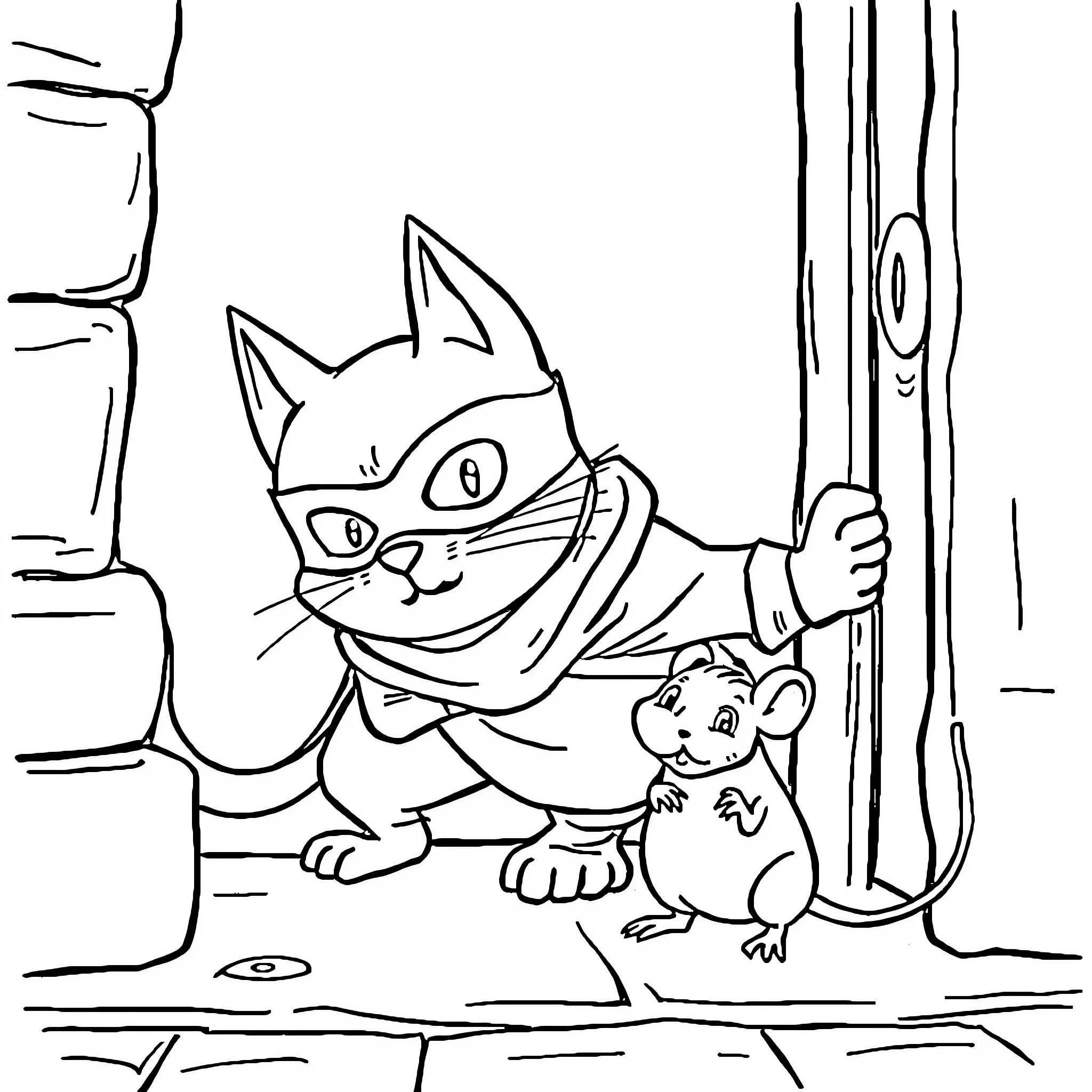 Cat and Mouse in the Wilderness Coloring Page (free black-and-white line drawing printable PDF for all, from beginners to advanced learners, including children, teens, adults, and seniors)