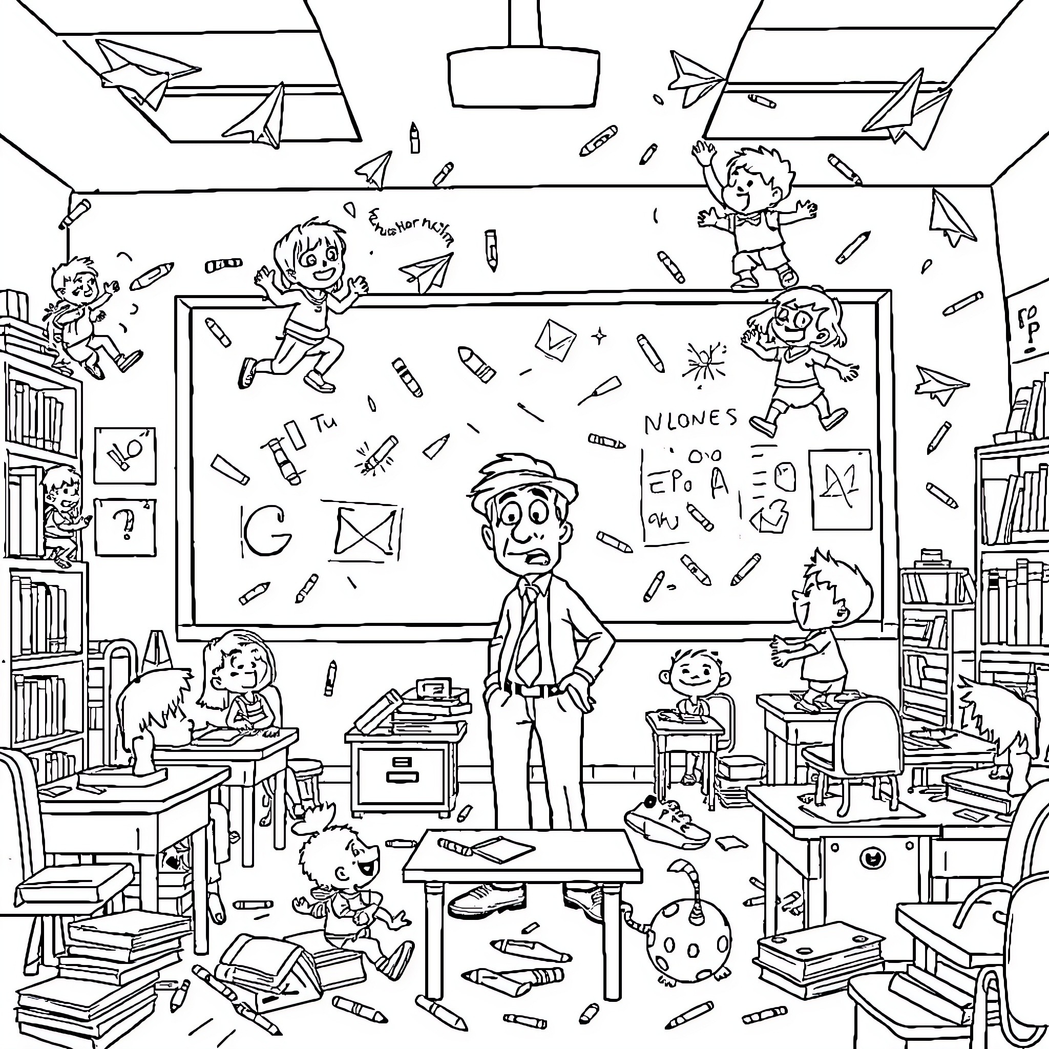 Classroom of Chaos and Creativity Coloring Page (free black-and-white line drawing printable PDF for all, from beginners to advanced learners, including children, teens, adults, and seniors)