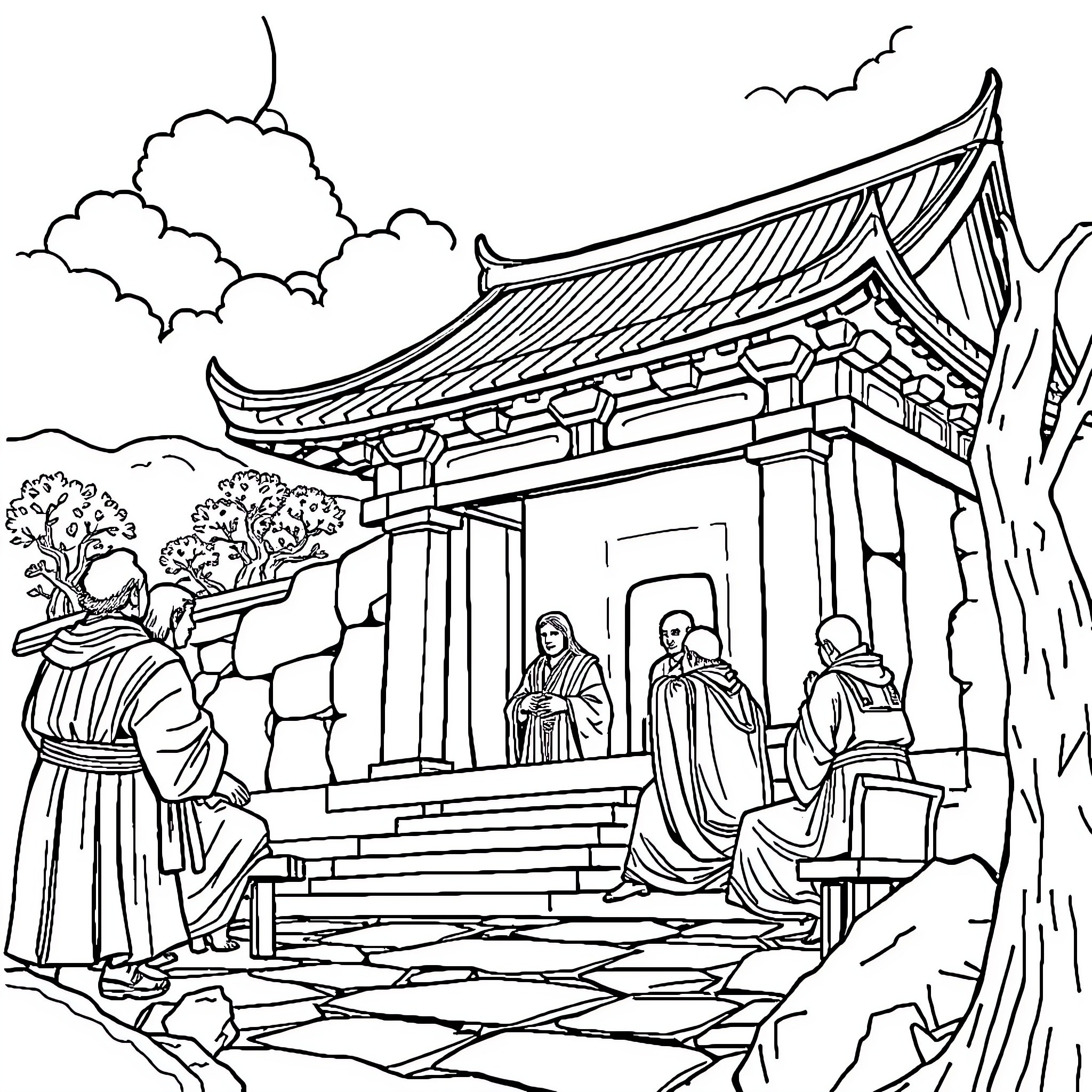 Sad scene of temple gathering in ancient Japan Coloring Page (free black-and-white line drawing printable PDF for all, from beginners to advanced learners, including children, teens, adults, and seniors)