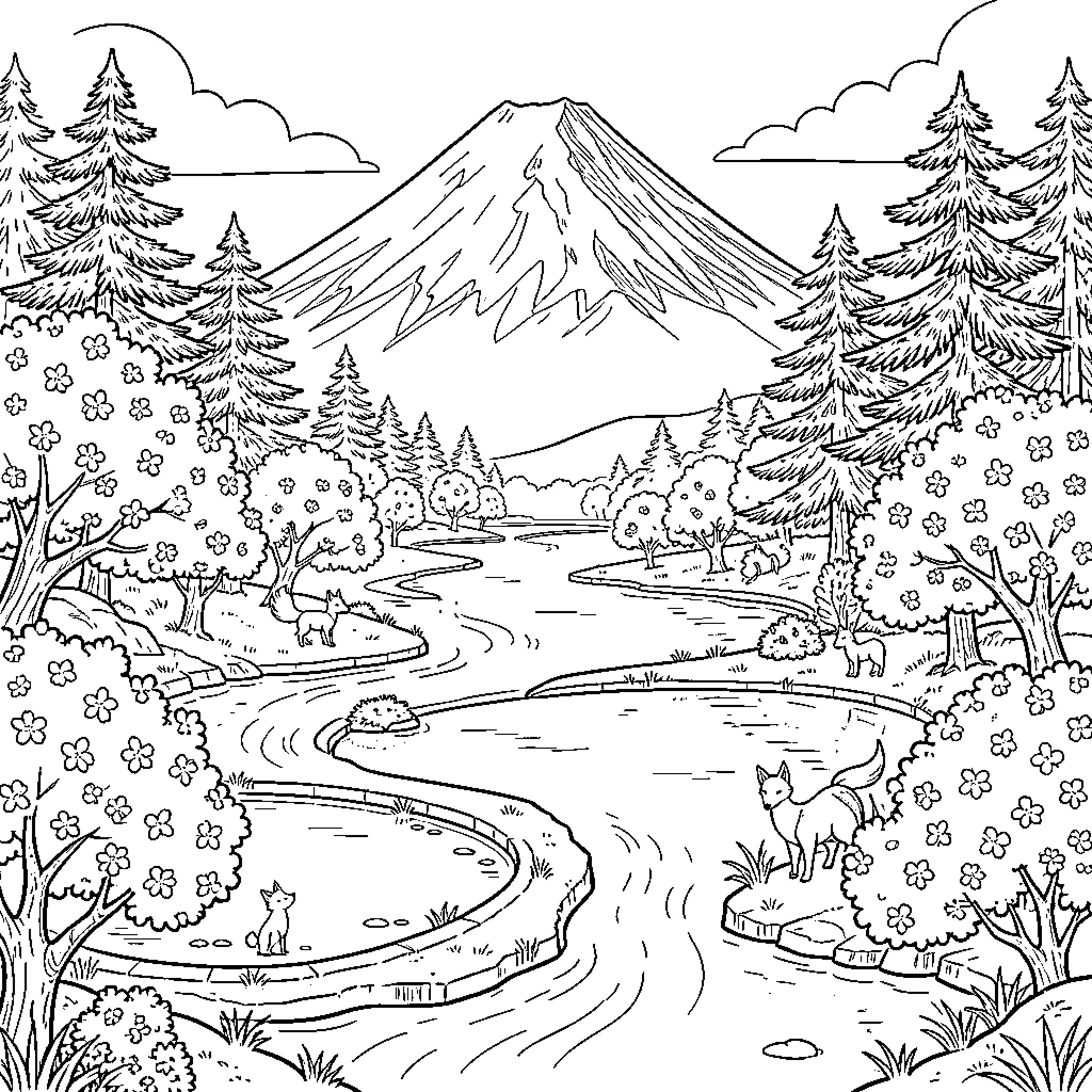 Mount Fuji scenic landscape with nature elements Coloring Page (free black-and-white line drawing printable PDF for all, from beginners to advanced learners, including children, teens, adults, and seniors)