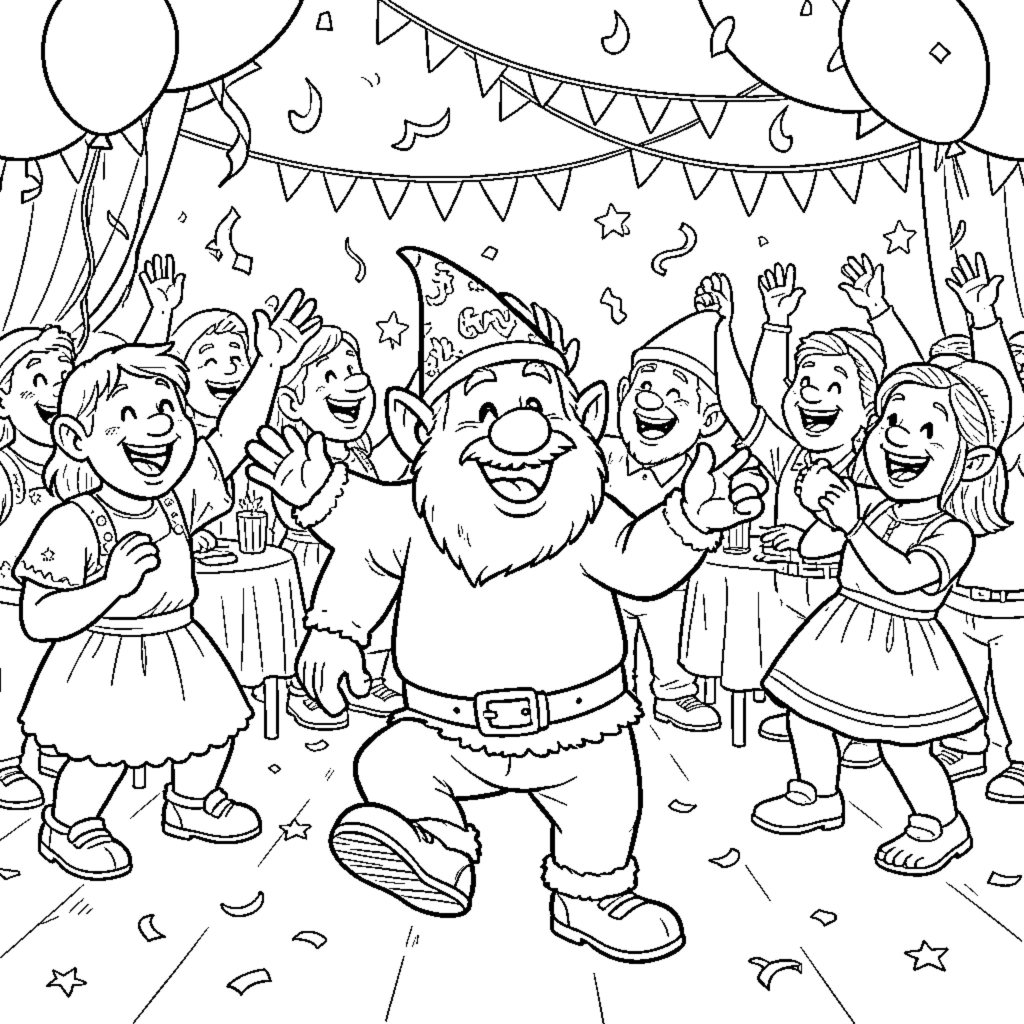 Troll dancing joyfully surrounded by happy children Coloring Page (free black-and-white line drawing printable PDF for all, from beginners to advanced learners, including children, teens, adults, and seniors)