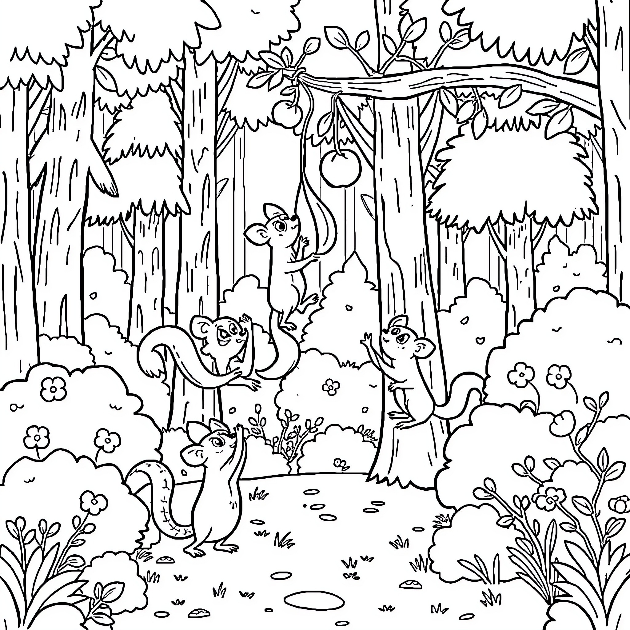 Woodland creatures playing in the forest Coloring Page (free black-and-white line drawing printable PDF for all, from beginners to advanced learners, including children, teens, adults, and seniors)