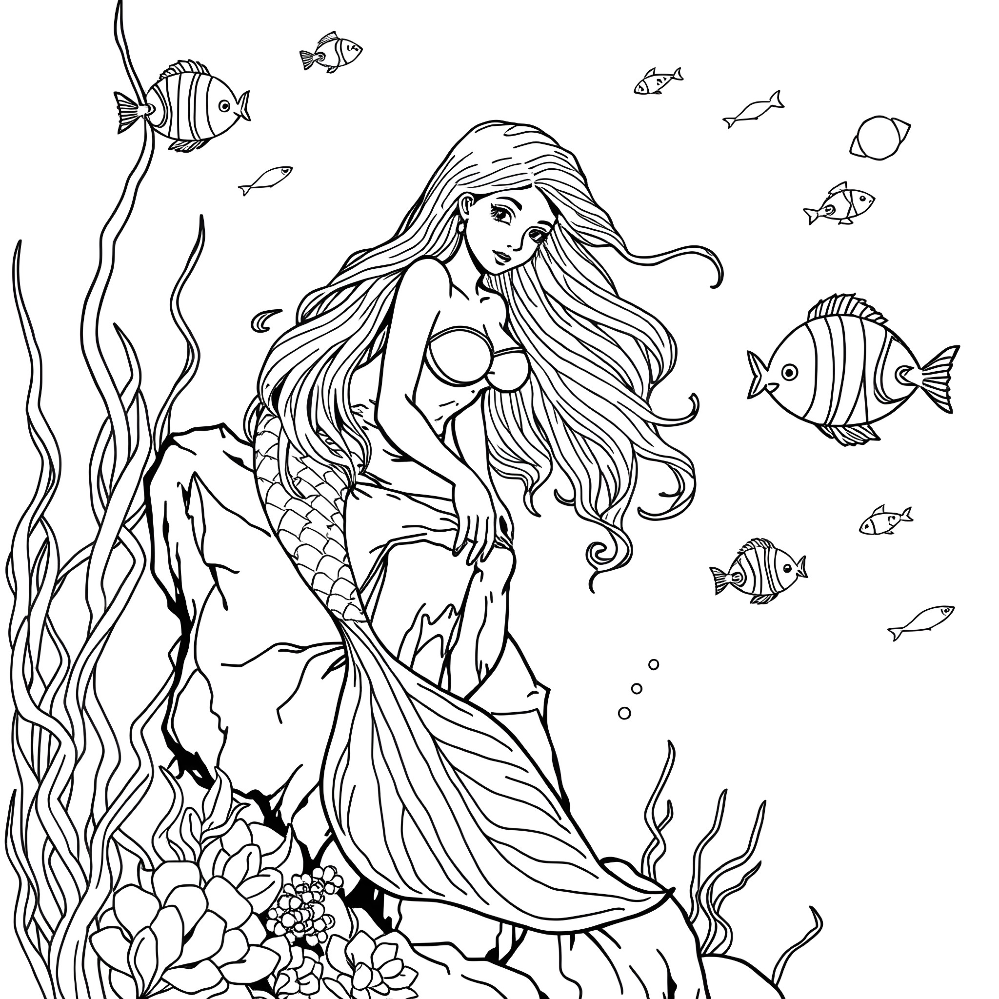 Mermaid enchanted by the underwater world Coloring Page (free black-and-white line drawing printable PDF for all, from beginners to advanced learners, including children, teens, adults, and seniors)