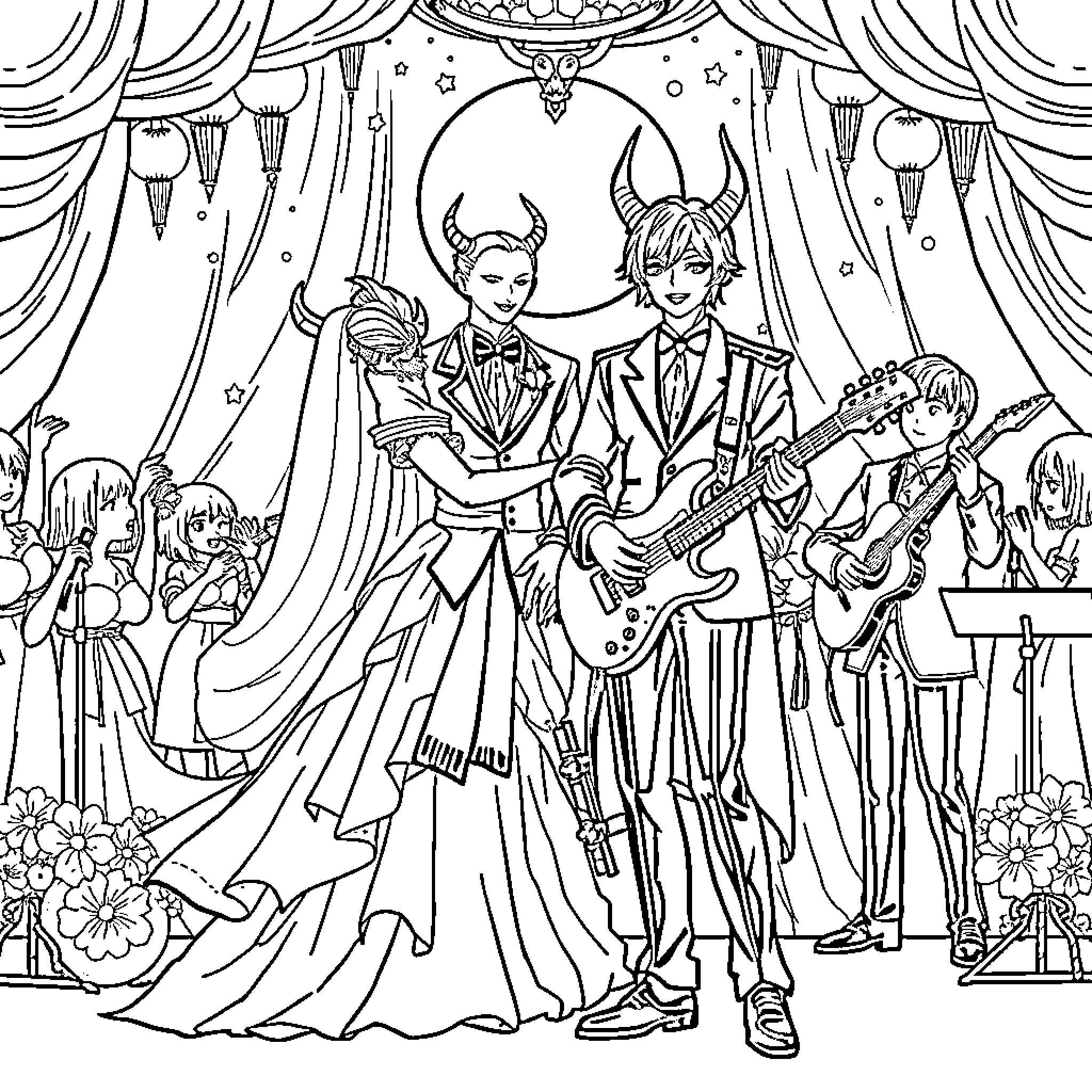 Demon Hunter Duo's Theatrical Performance Coloring Page (free black-and-white line drawing printable PDF for all, from beginners to advanced learners, including children, teens, adults, and seniors)